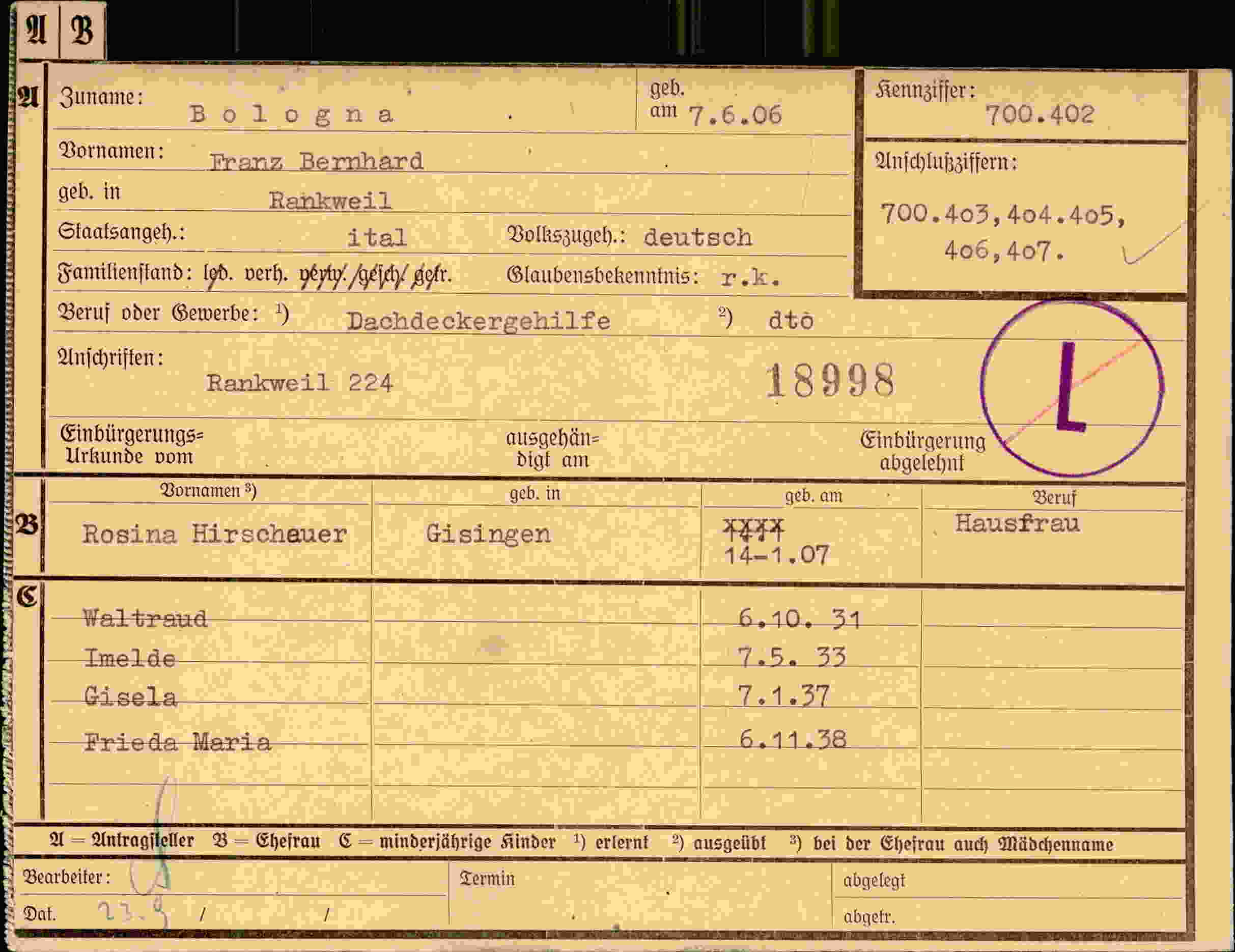 Dokument für Franz Bernhard Bologna