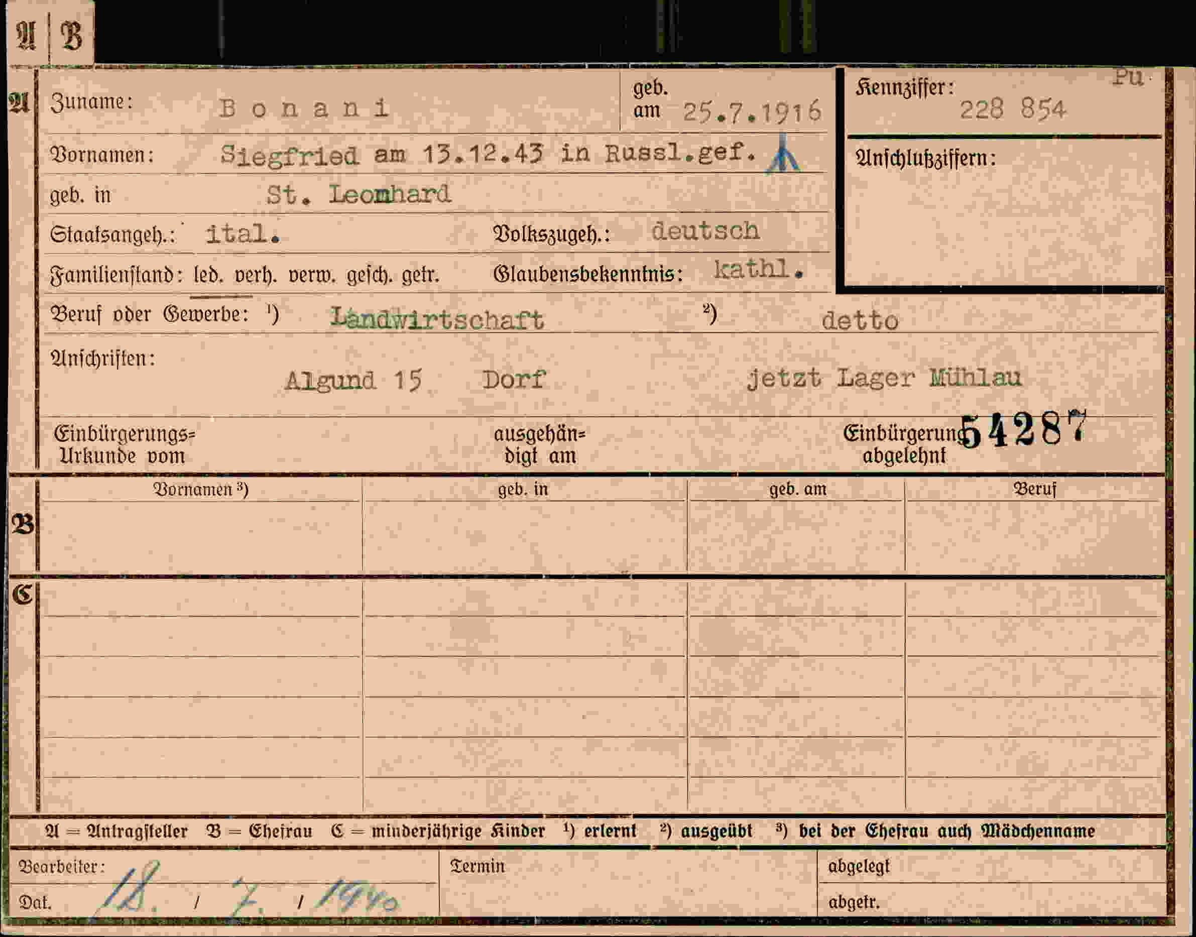 Dokument für Siegfried Bonani