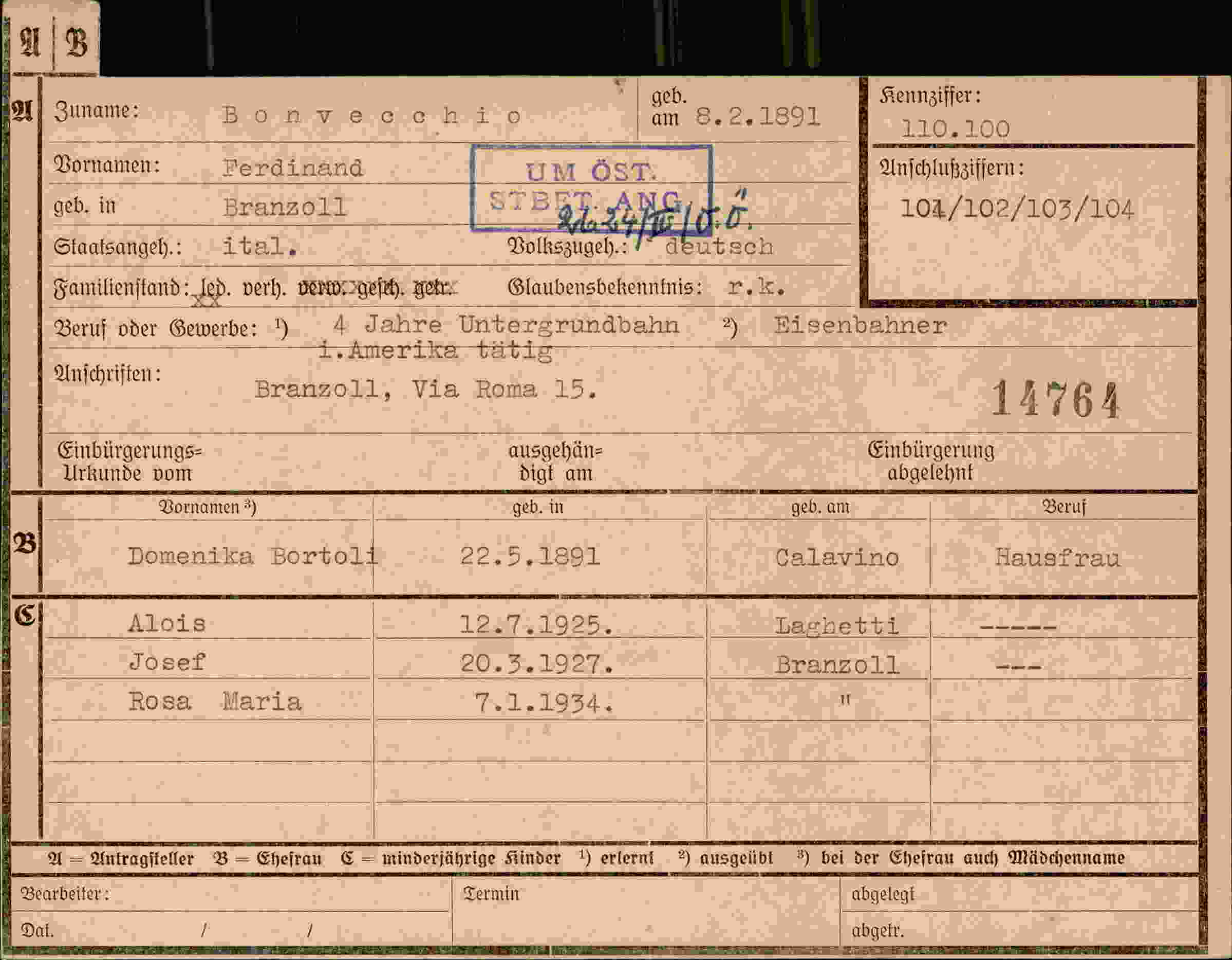 Dokument für Ferdinand Bonvecchio