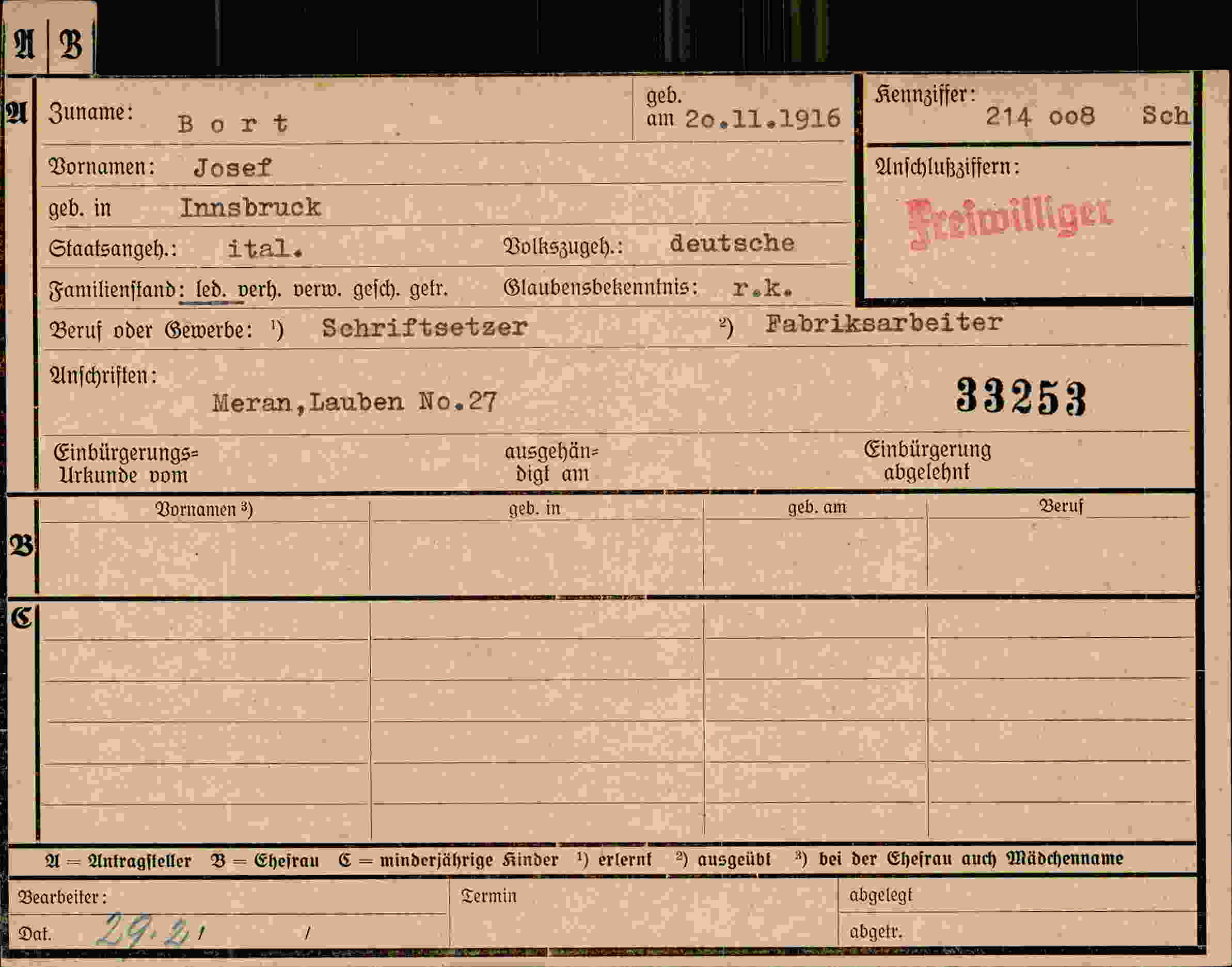 Dokument für Josef Bort