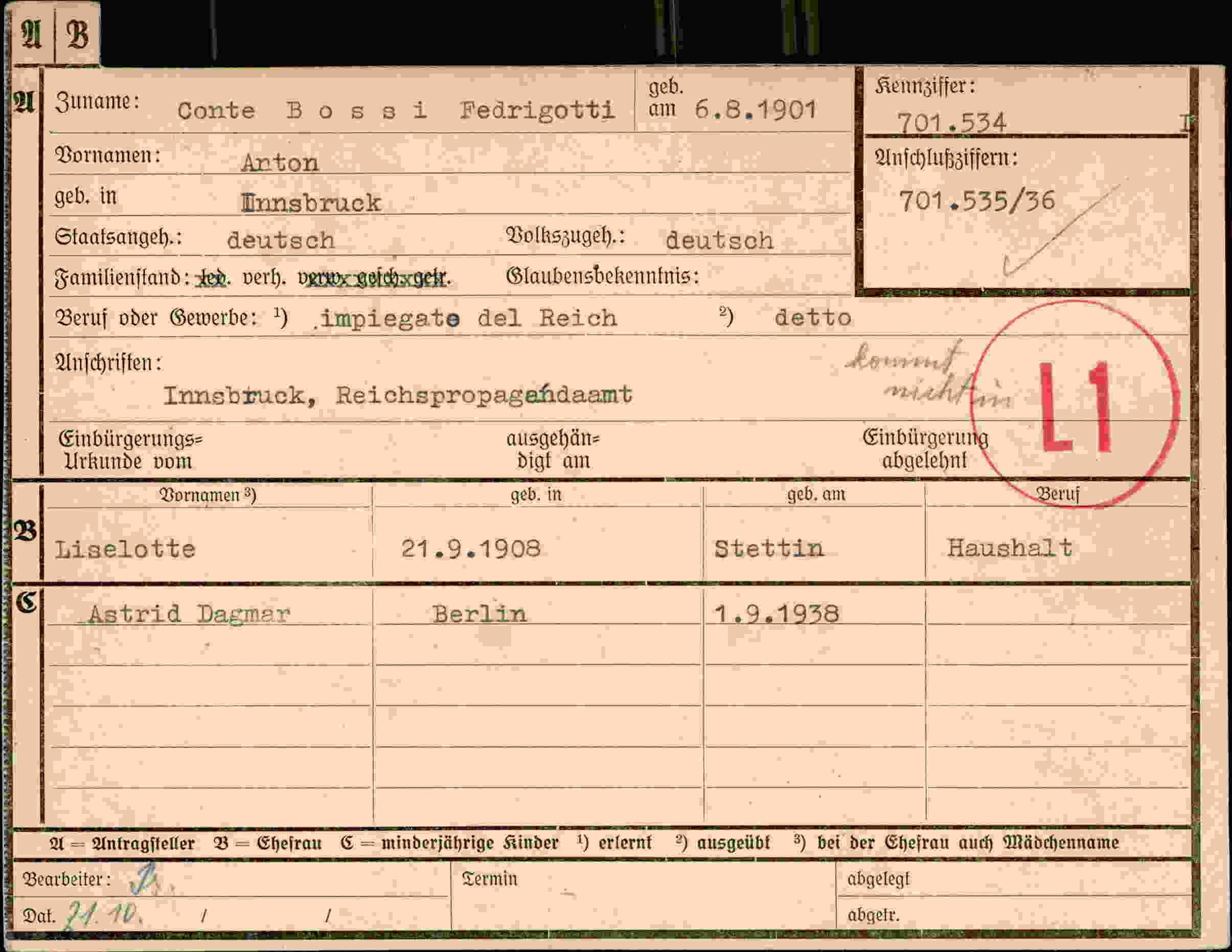 Dokument für Anton Fedrigotti