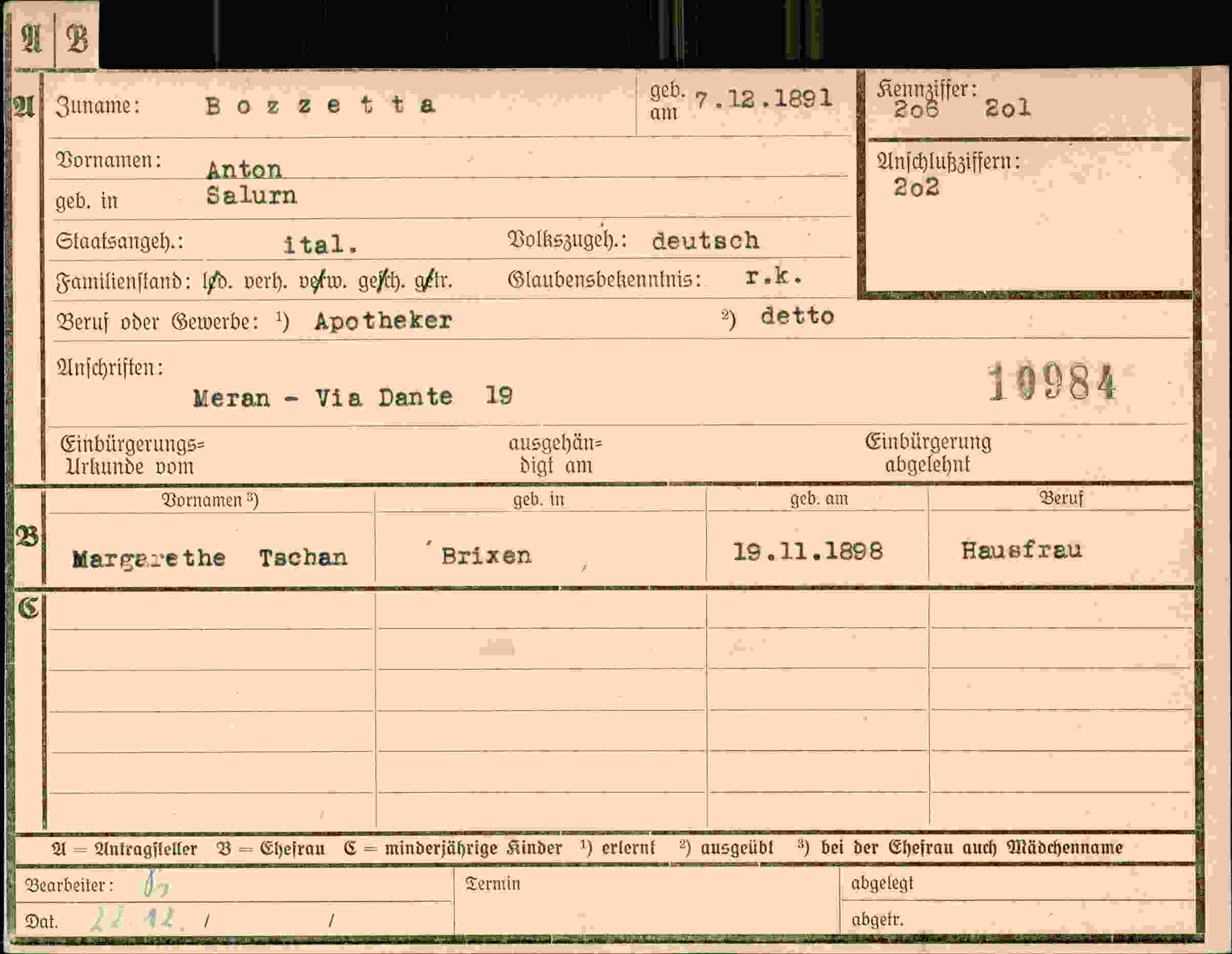 Dokument für Anton Bozzetta
