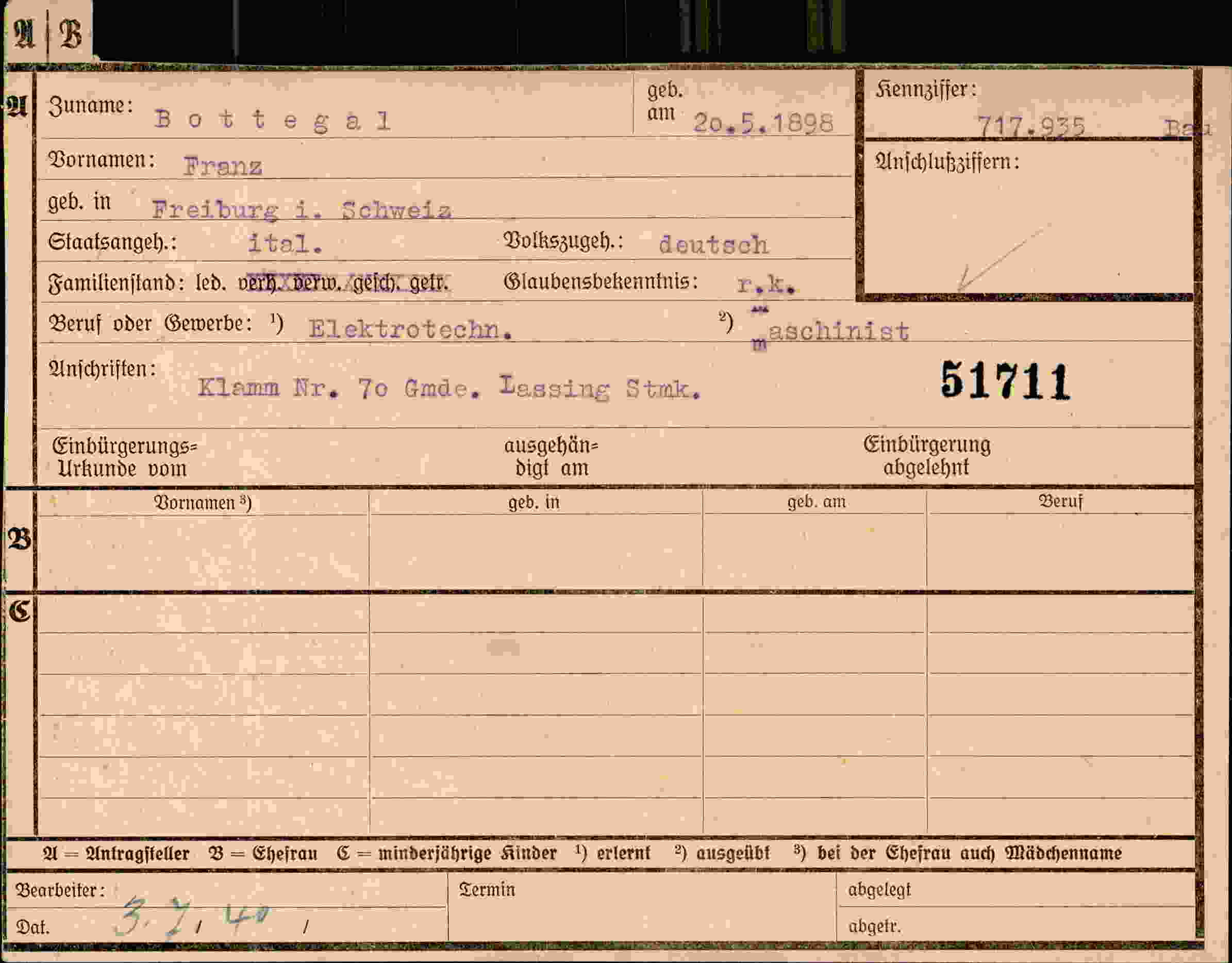 Dokument für Franz Bottegal