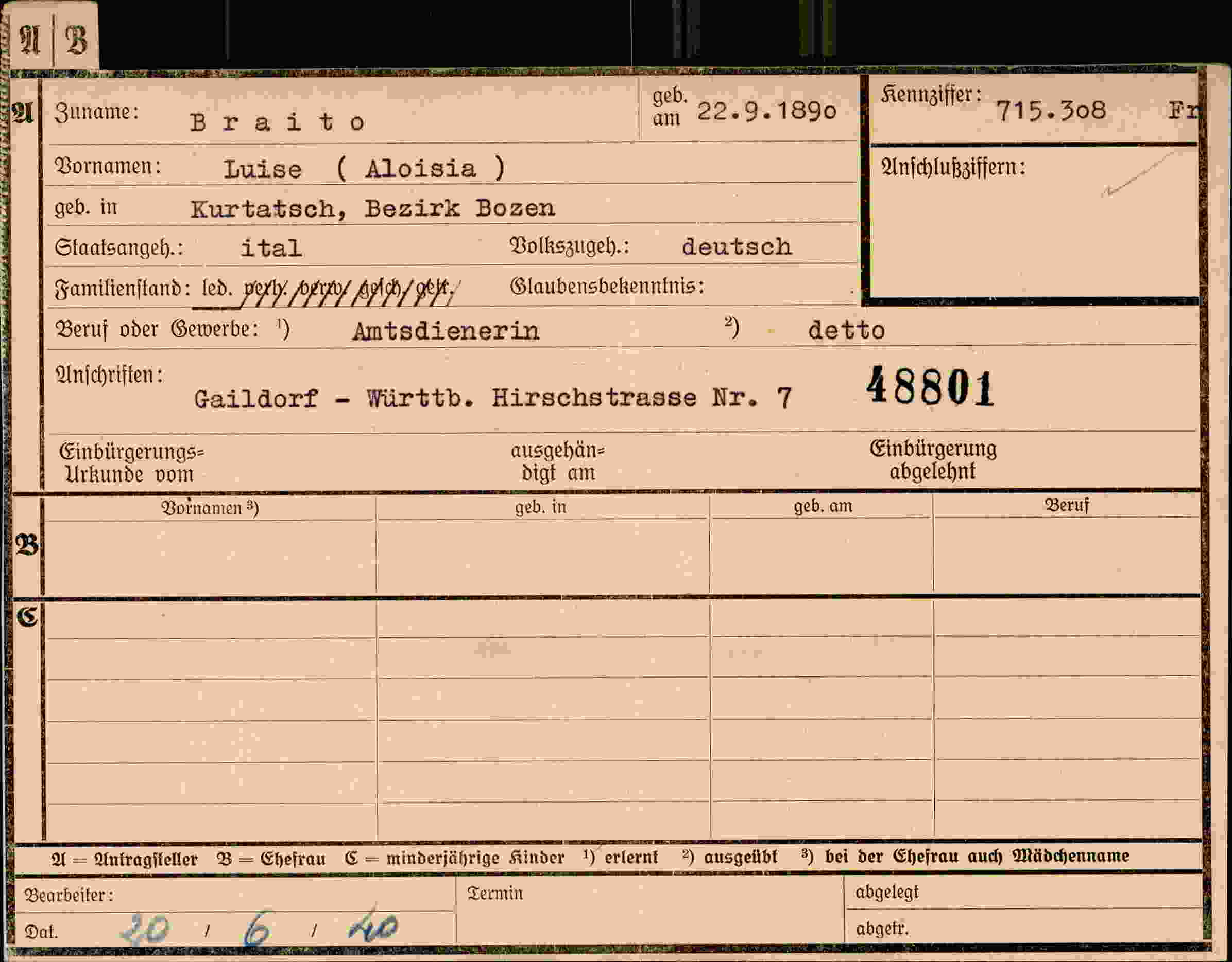 Dokument für Luise Aloisia Braito
