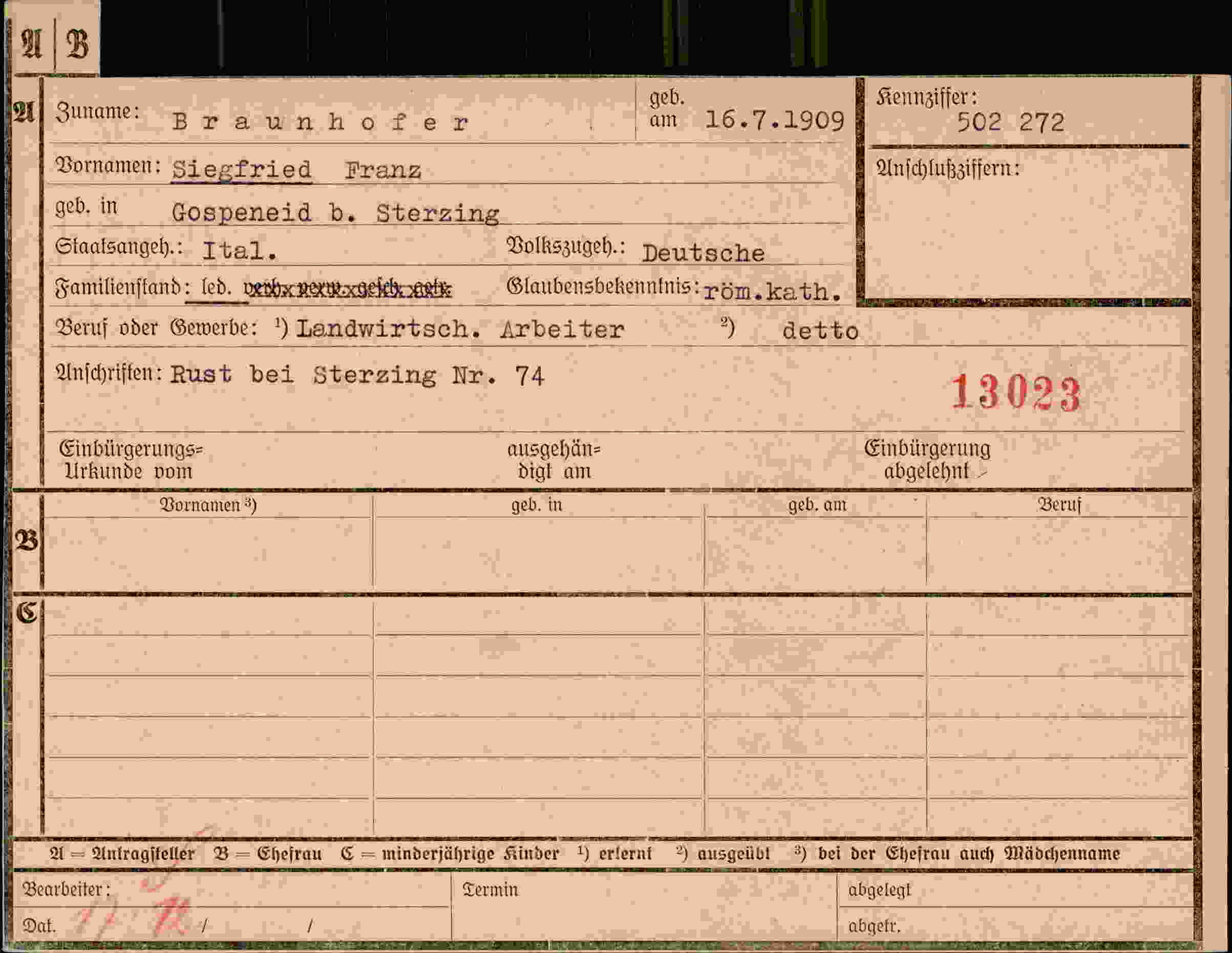 Dokument für Siegfried Franz Braunhofer