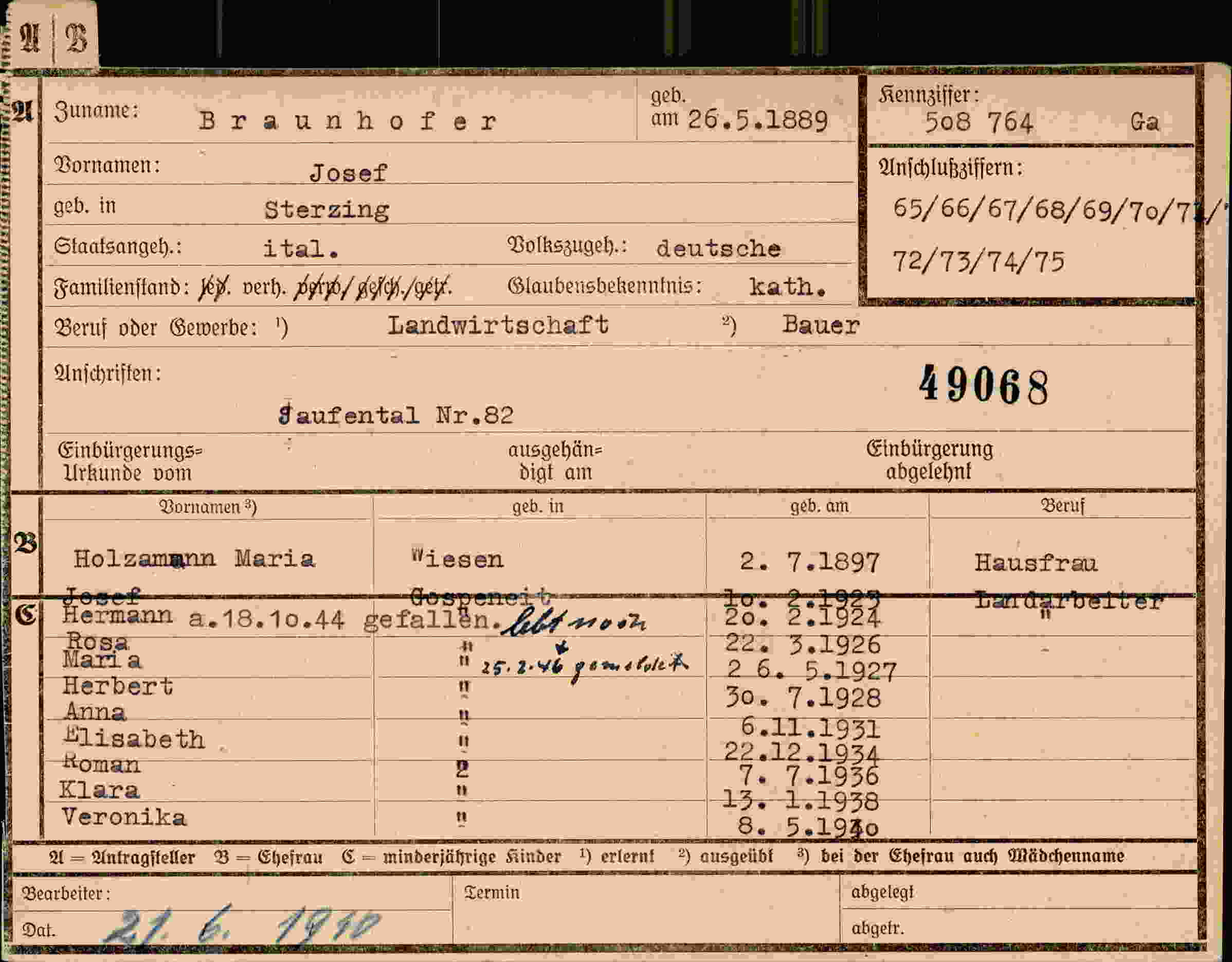 Dokument für Josef Braunhofer