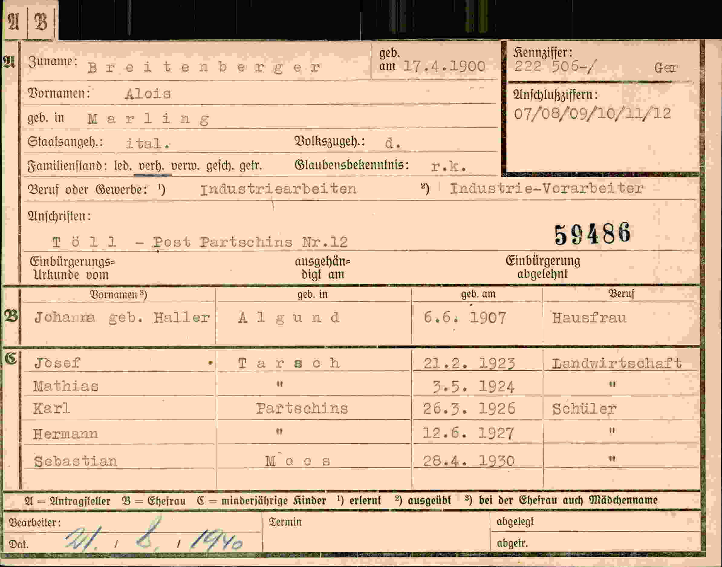 Dokument für Alois Breitenberger
