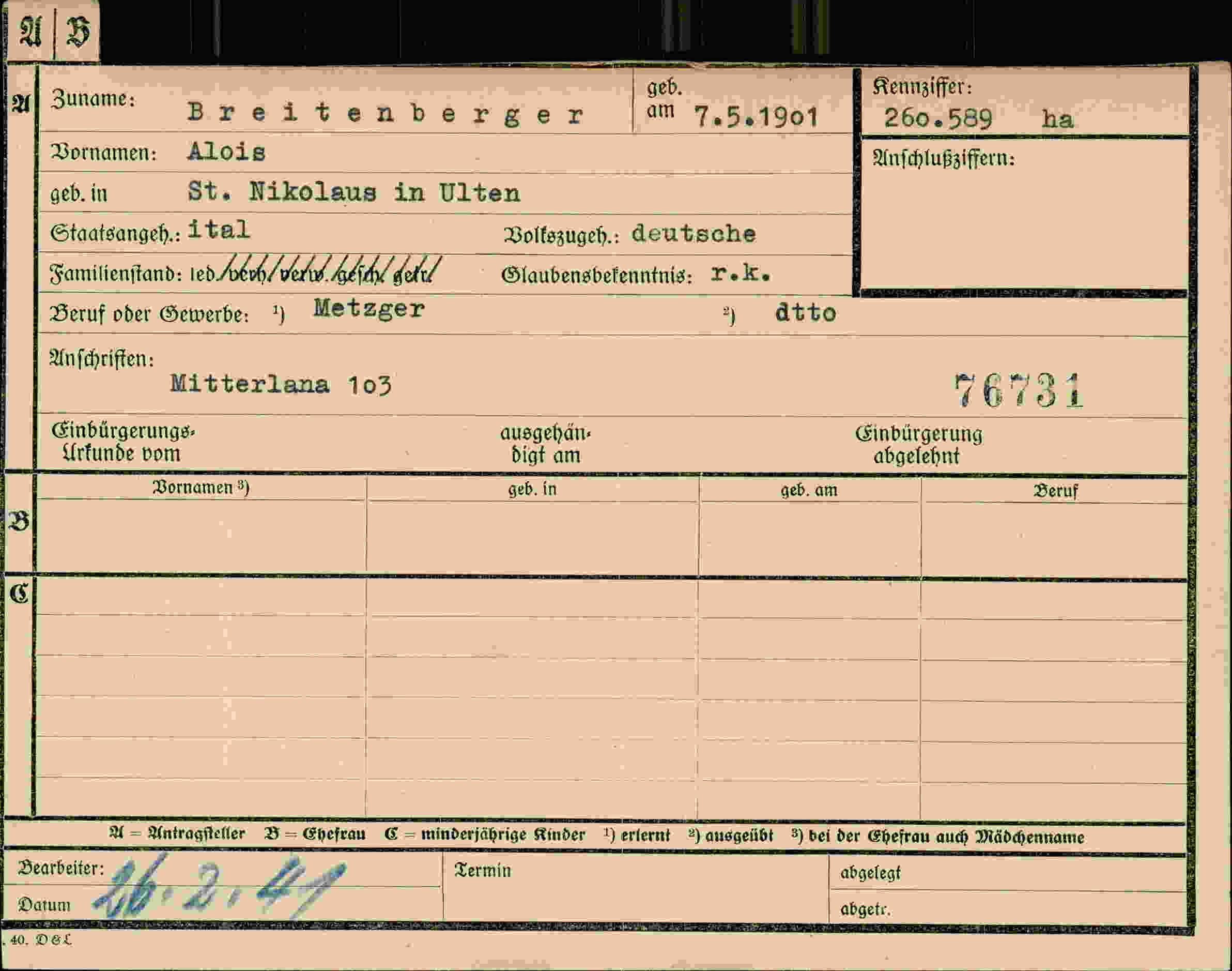 Dokument für Alois Breitenberger