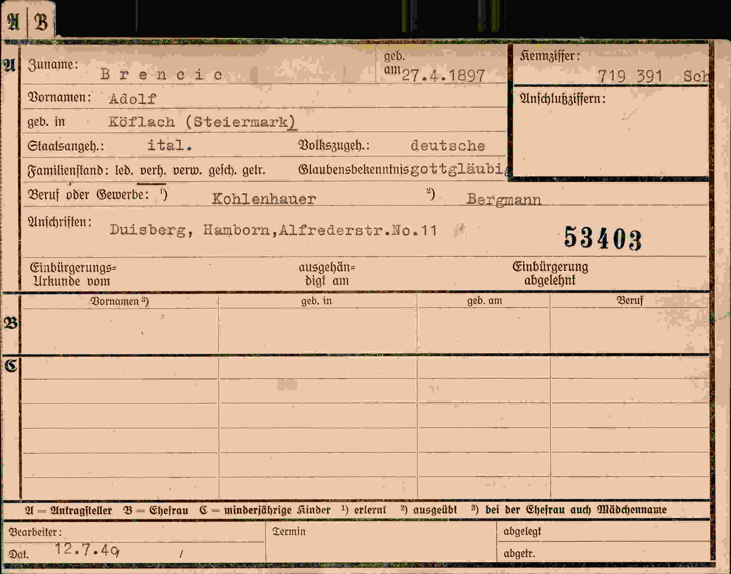 Dokument für Adolf Brencic