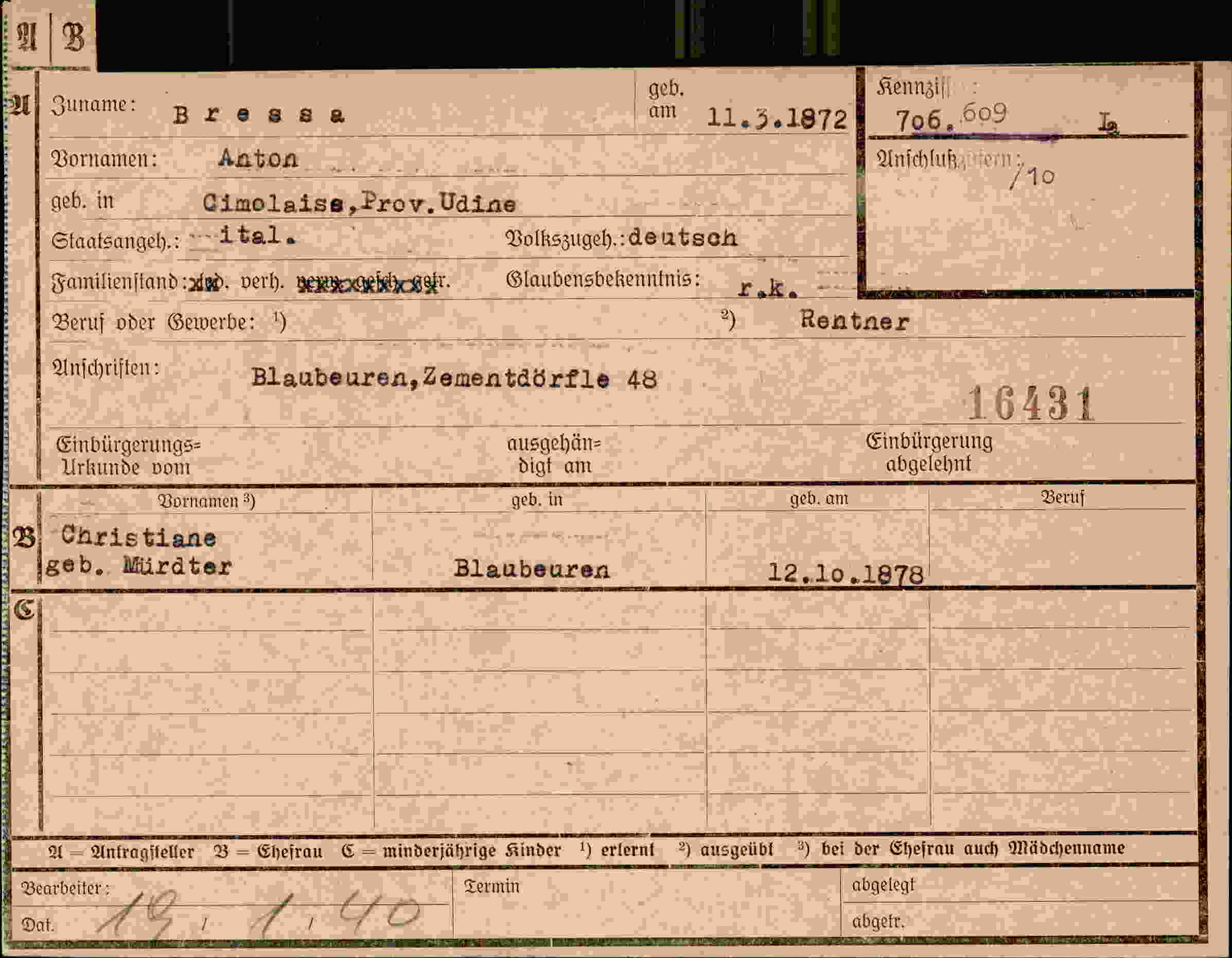 Dokument für Anton Bressa