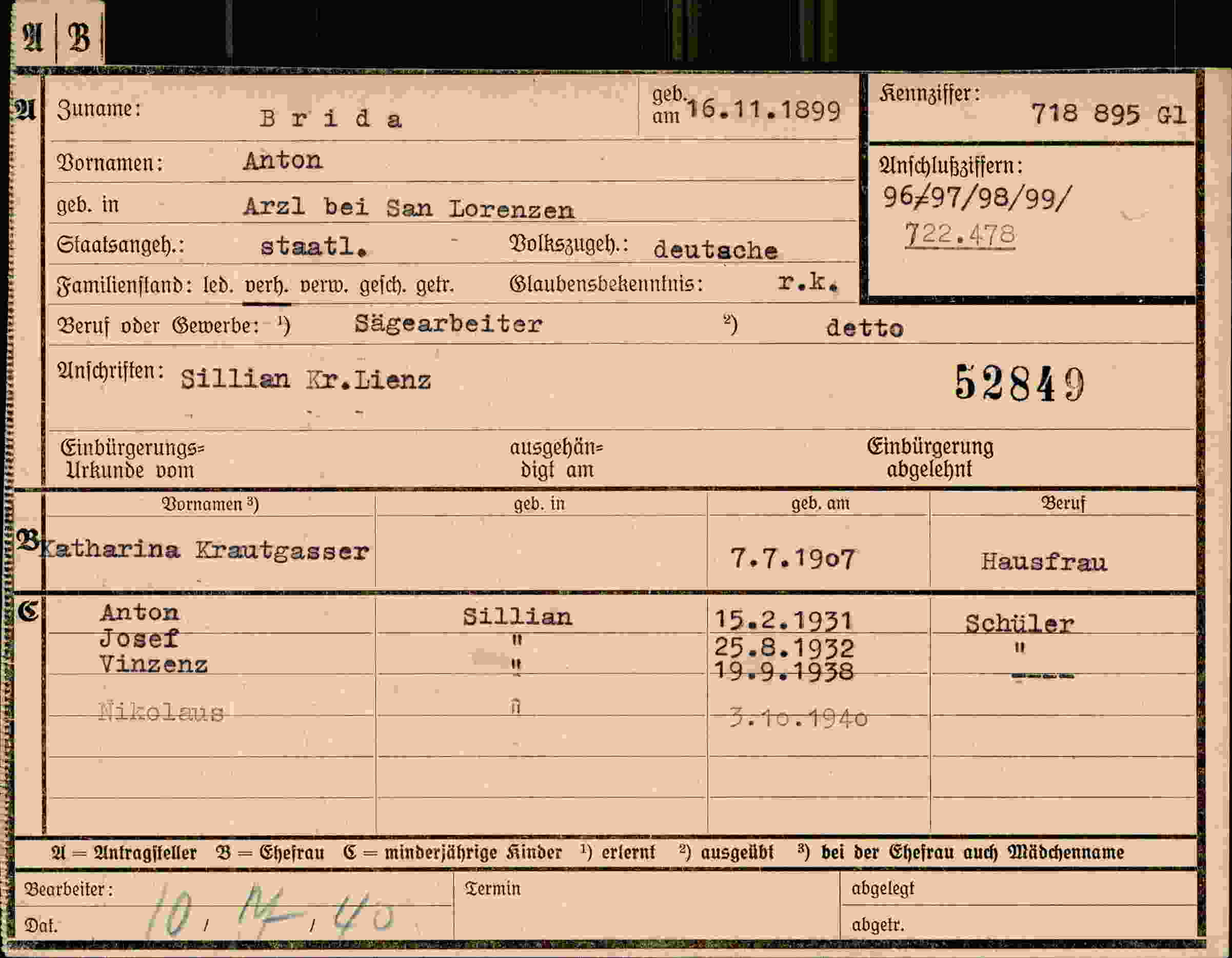 Dokument für Anton Brida