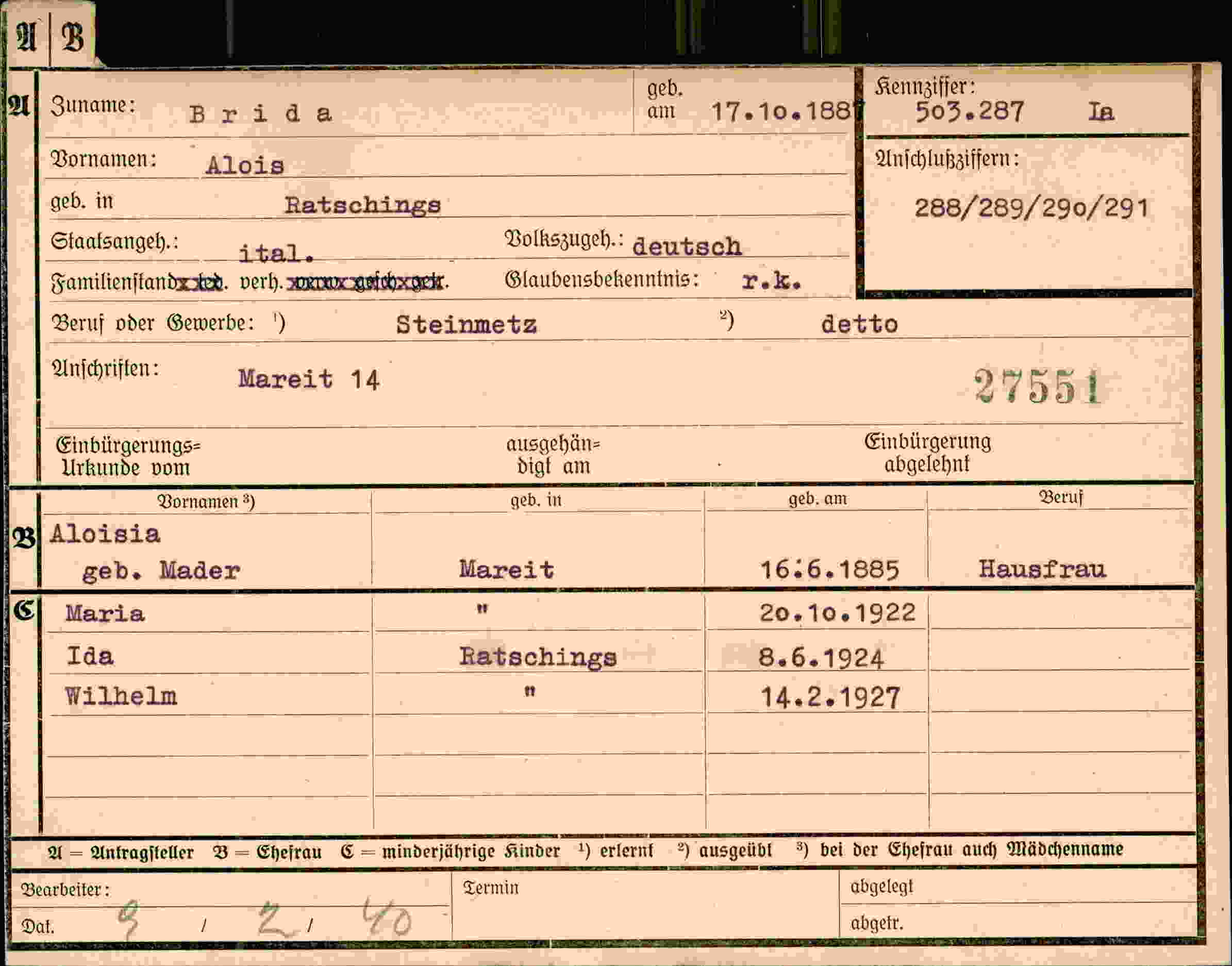 Dokument für Alois Brida