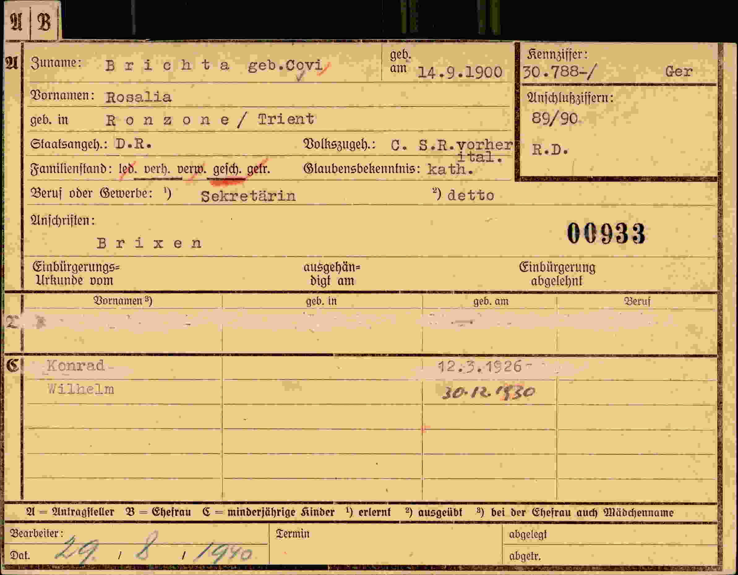 Dokument für Rosalia Brichta