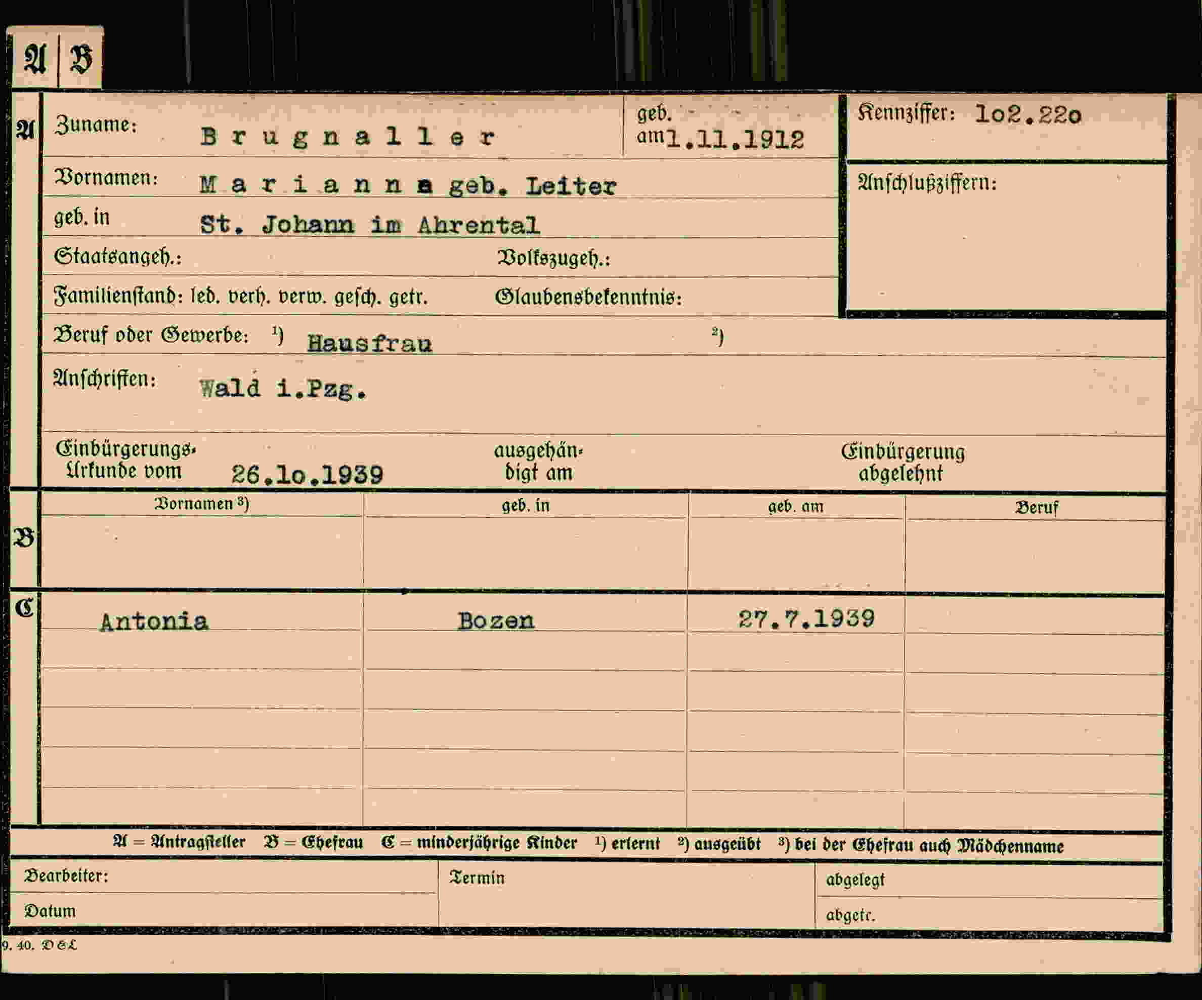 Dokument für Marianne Brugnaller