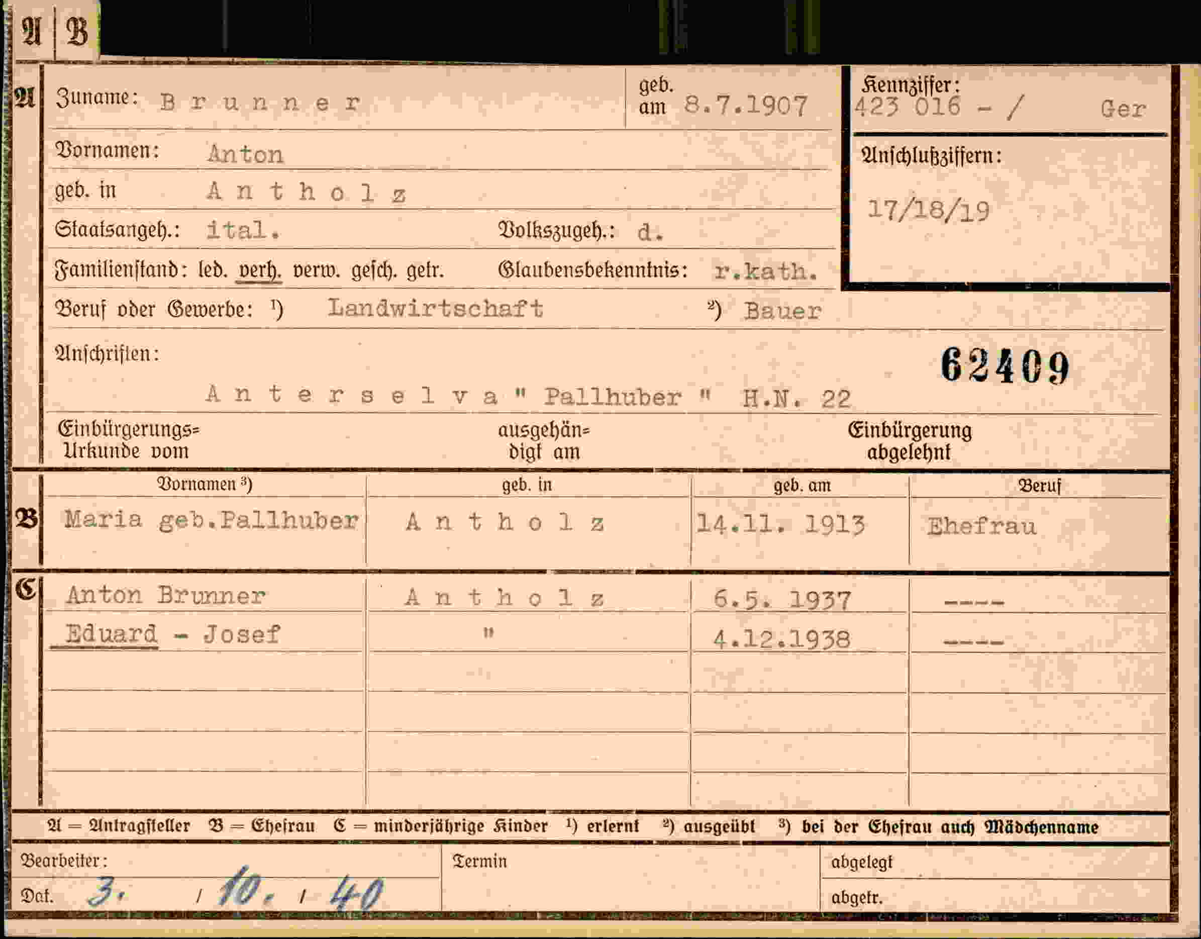 Dokument für Anton Brunner