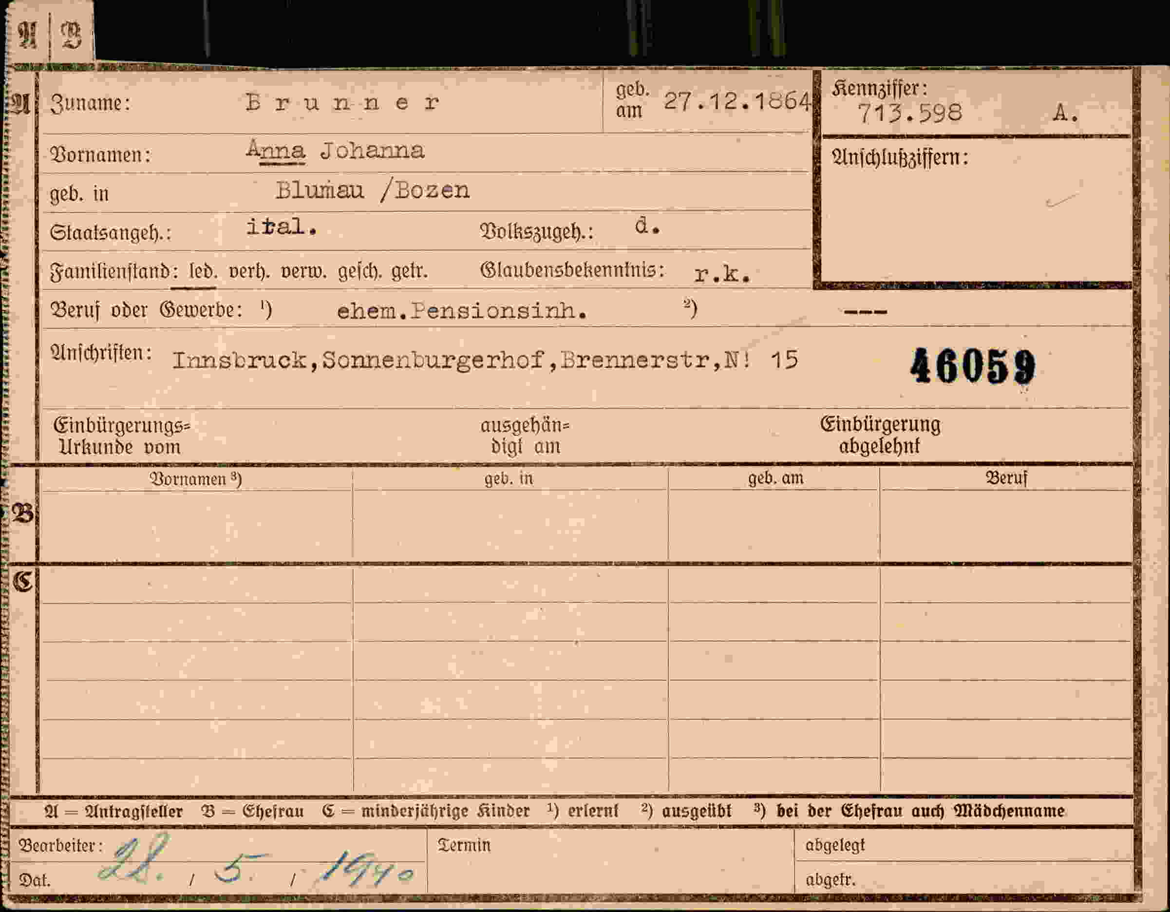 Dokument für Anna Johanna Brunner