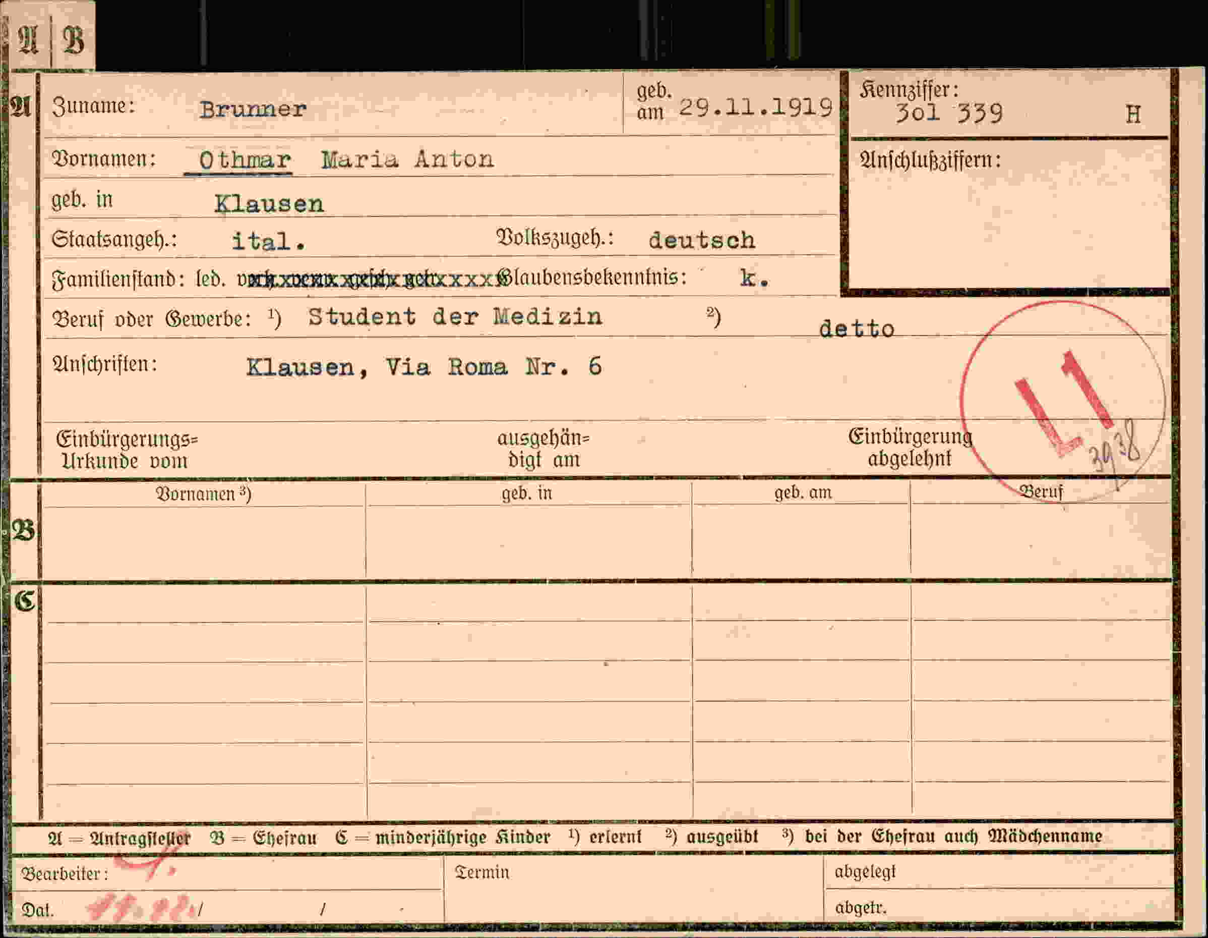 Dokument für Othmar Maria Anton Brunner