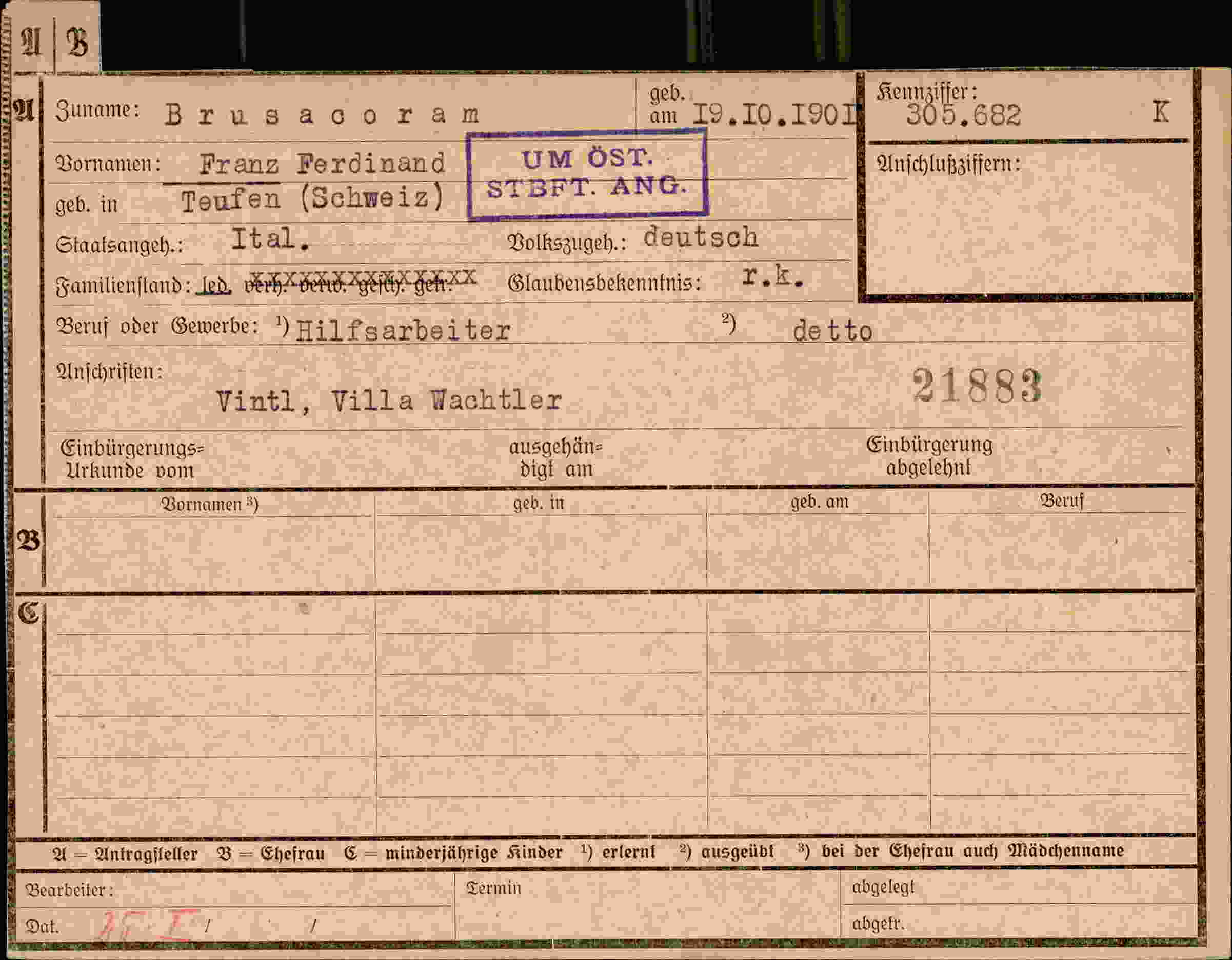 Dokument für Franz Ferdinand Brusacoram