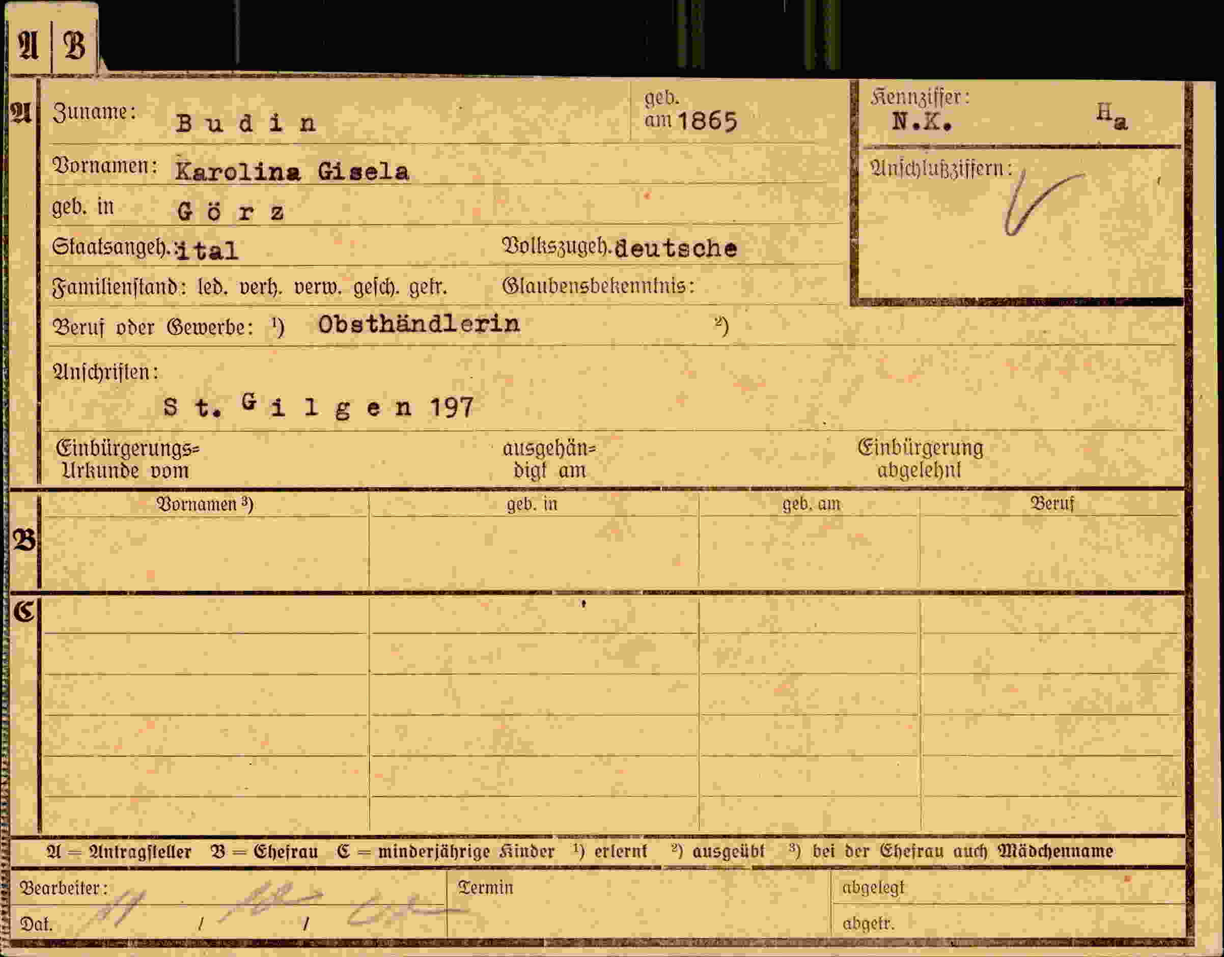 Dokument für Karolina Gisela Budin