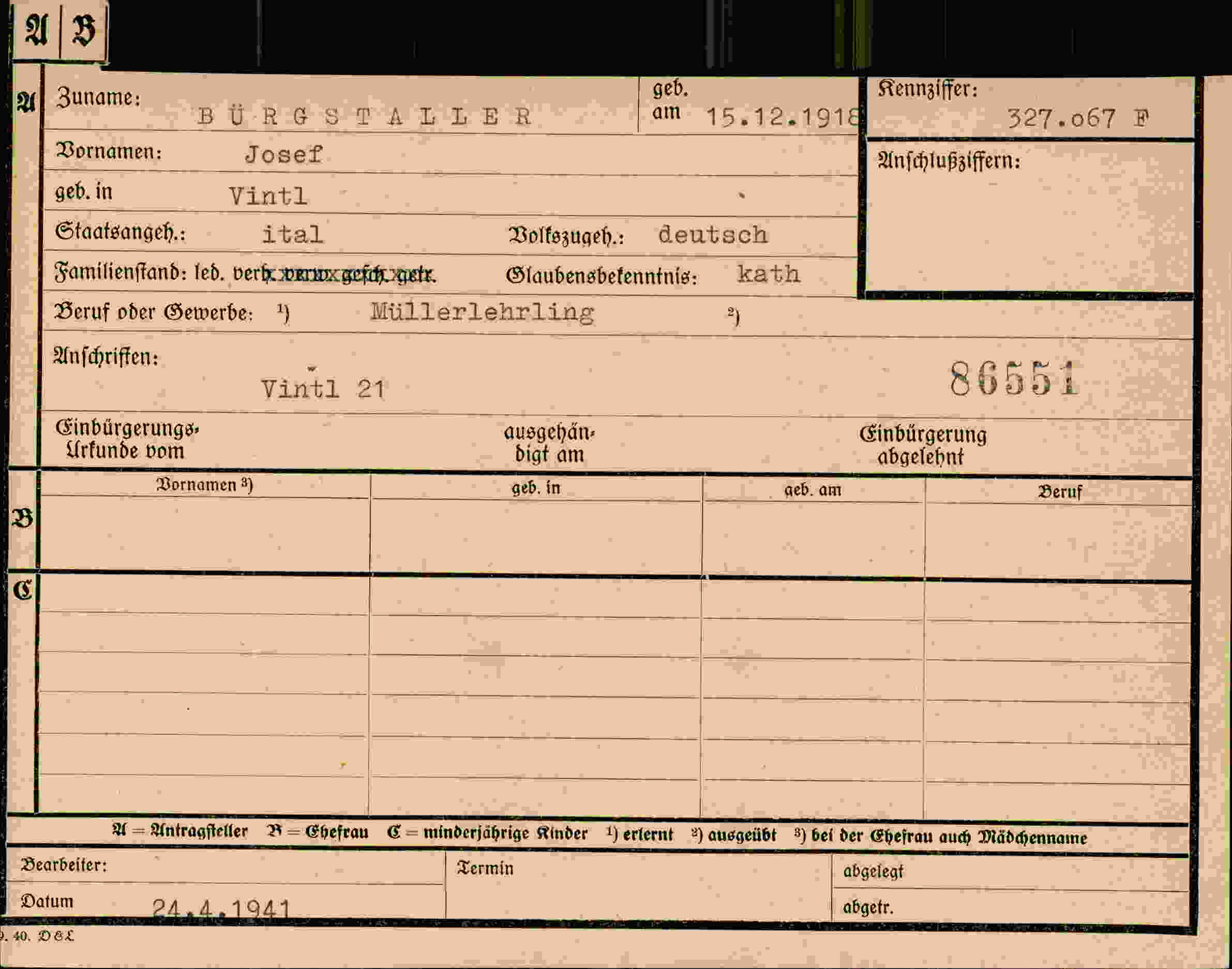 Dokument für Josef Bürgstaller