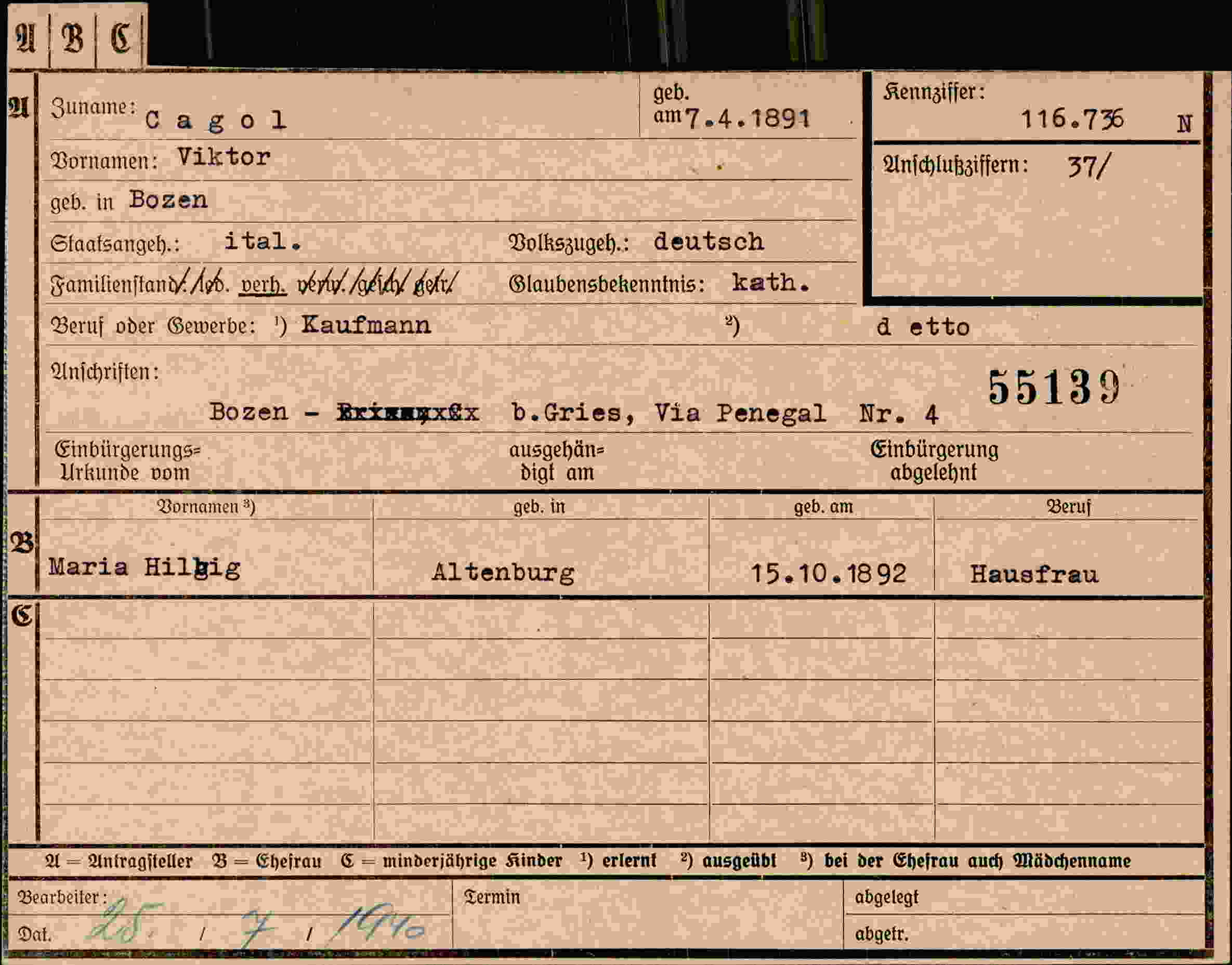 Dokument für Viktor Cagol