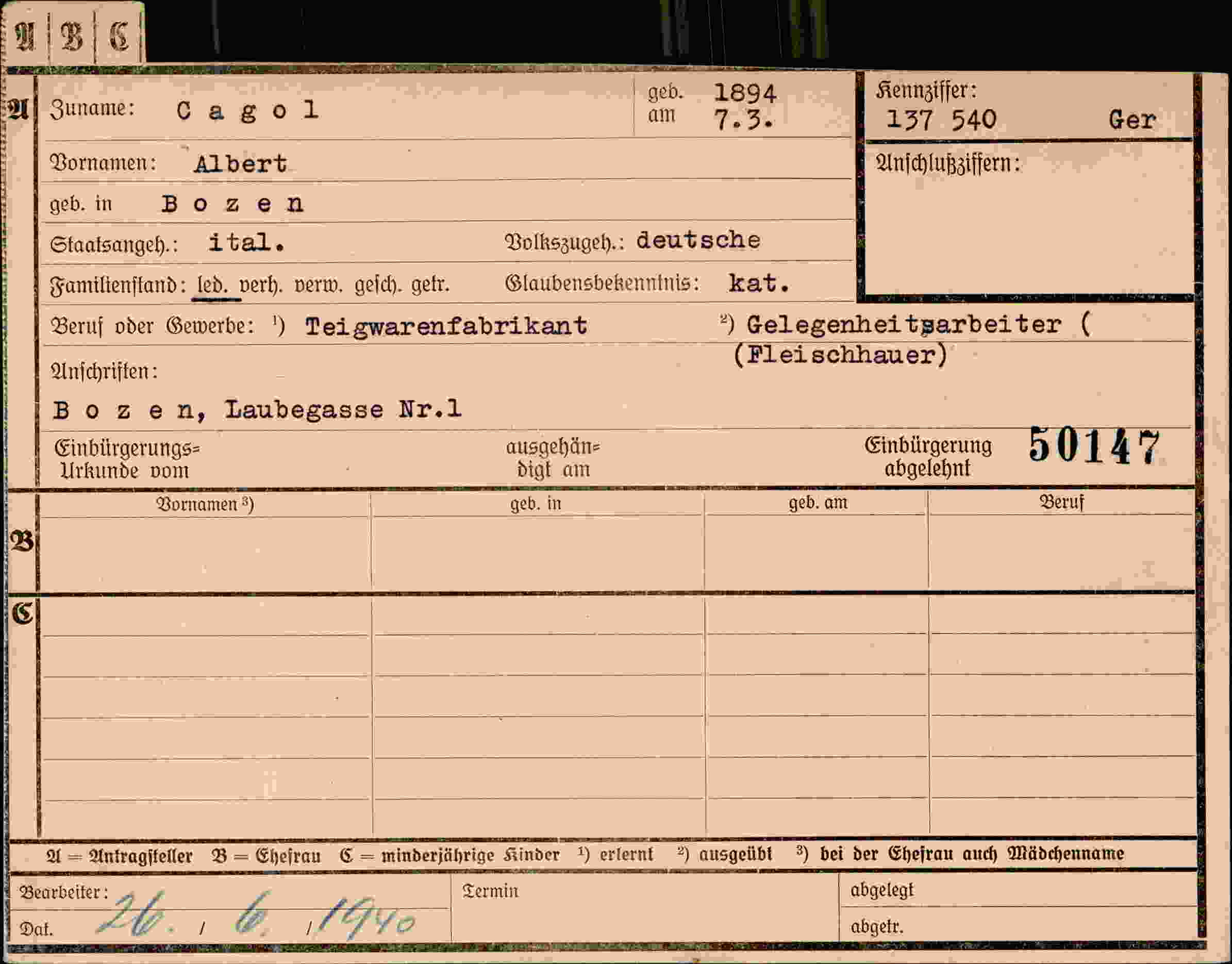 Dokument für Albert Cagol