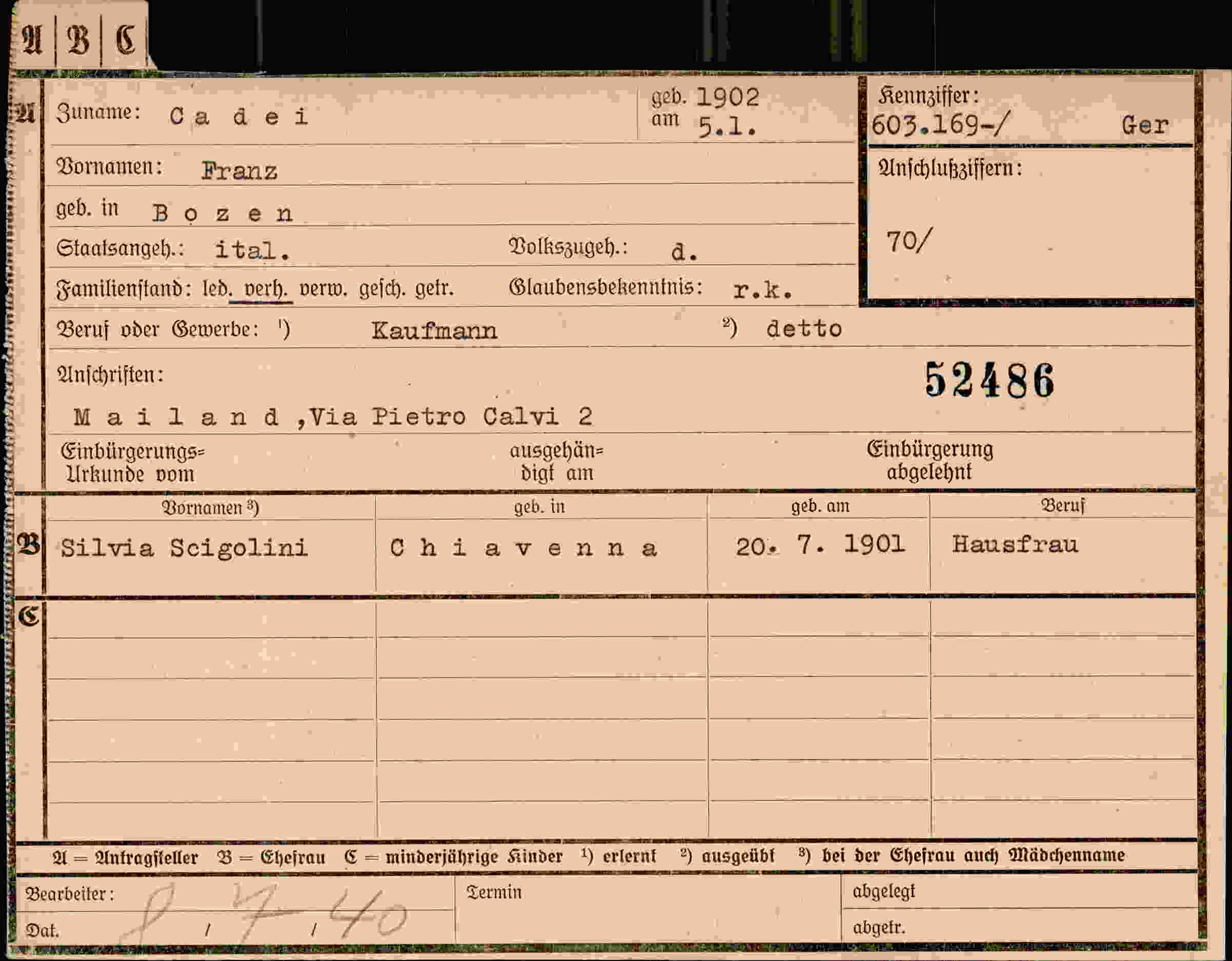 Dokument für Franz Cadei