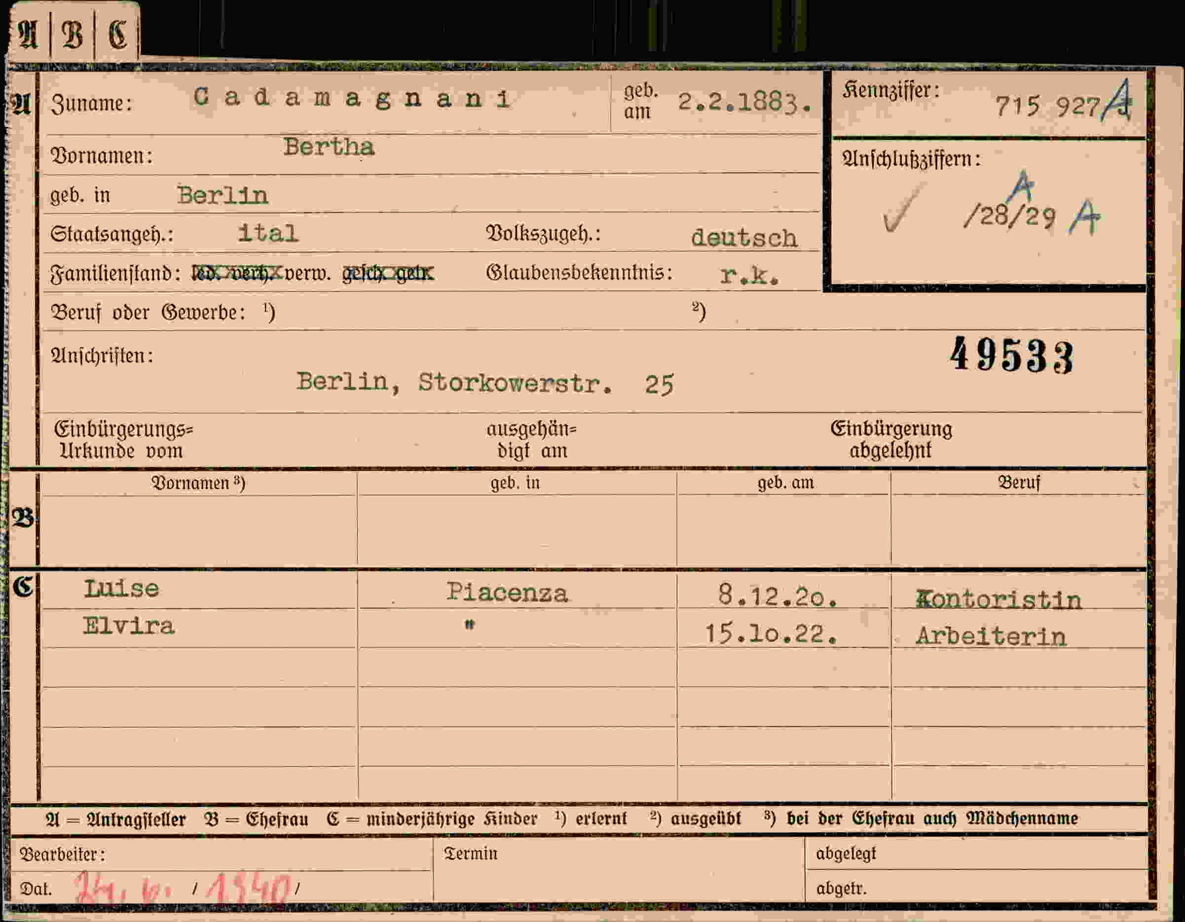 Dokument für Bertha Cadamagnani
