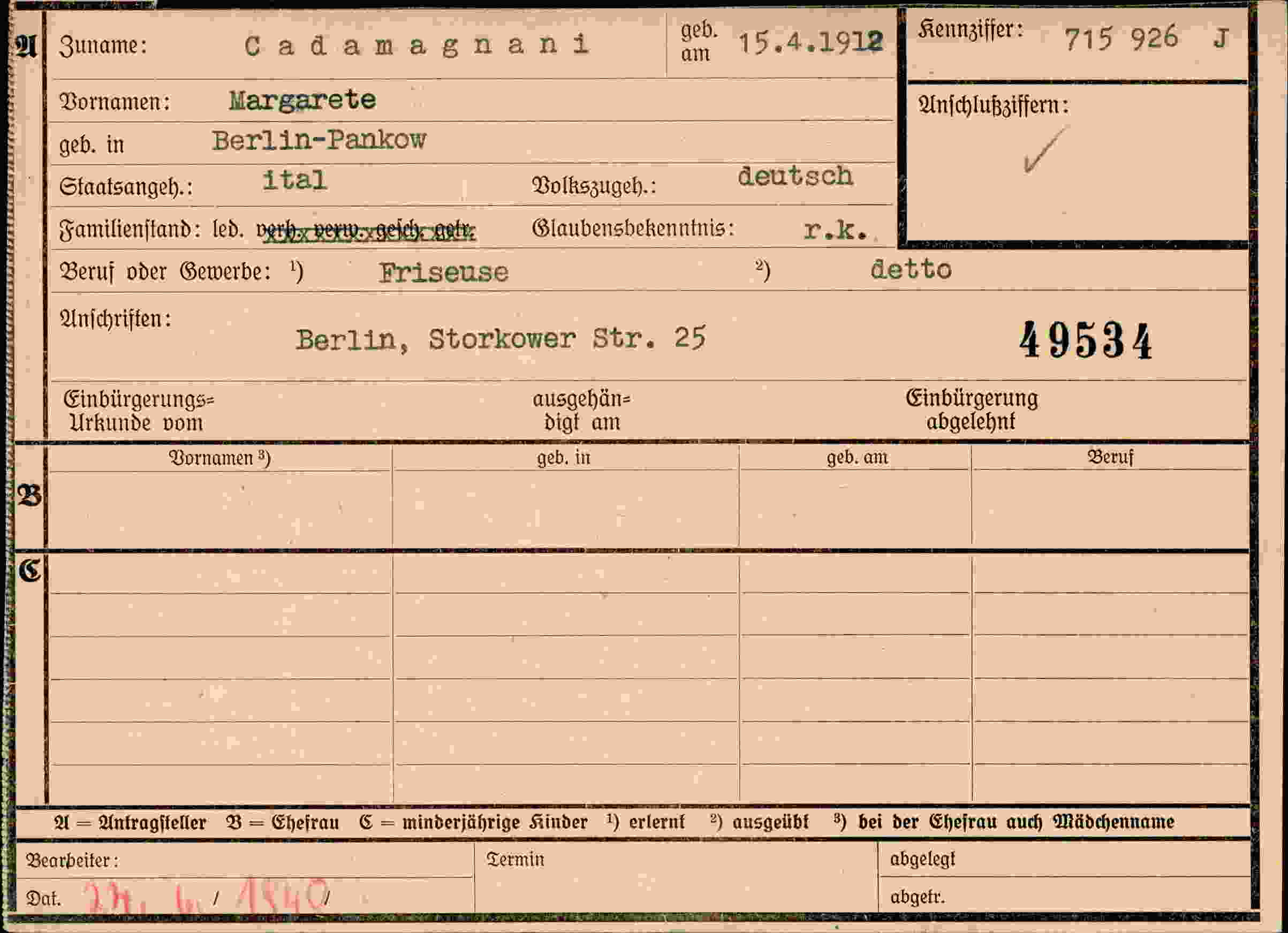 Dokument für Margarete Cadamagnani