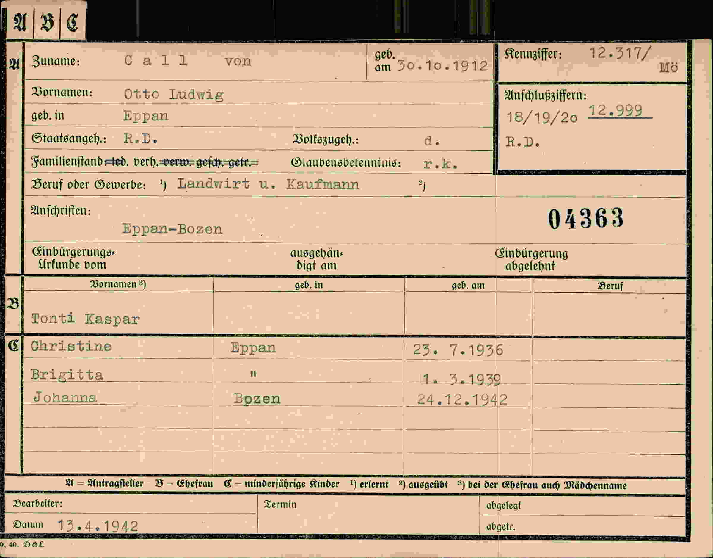 Dokument für Otto Ludwig Call