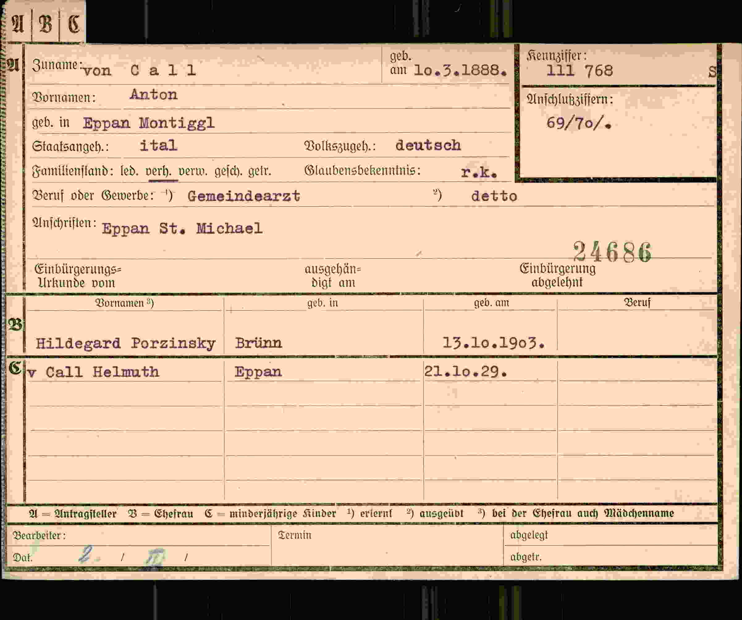 Dokument für Anton von Call