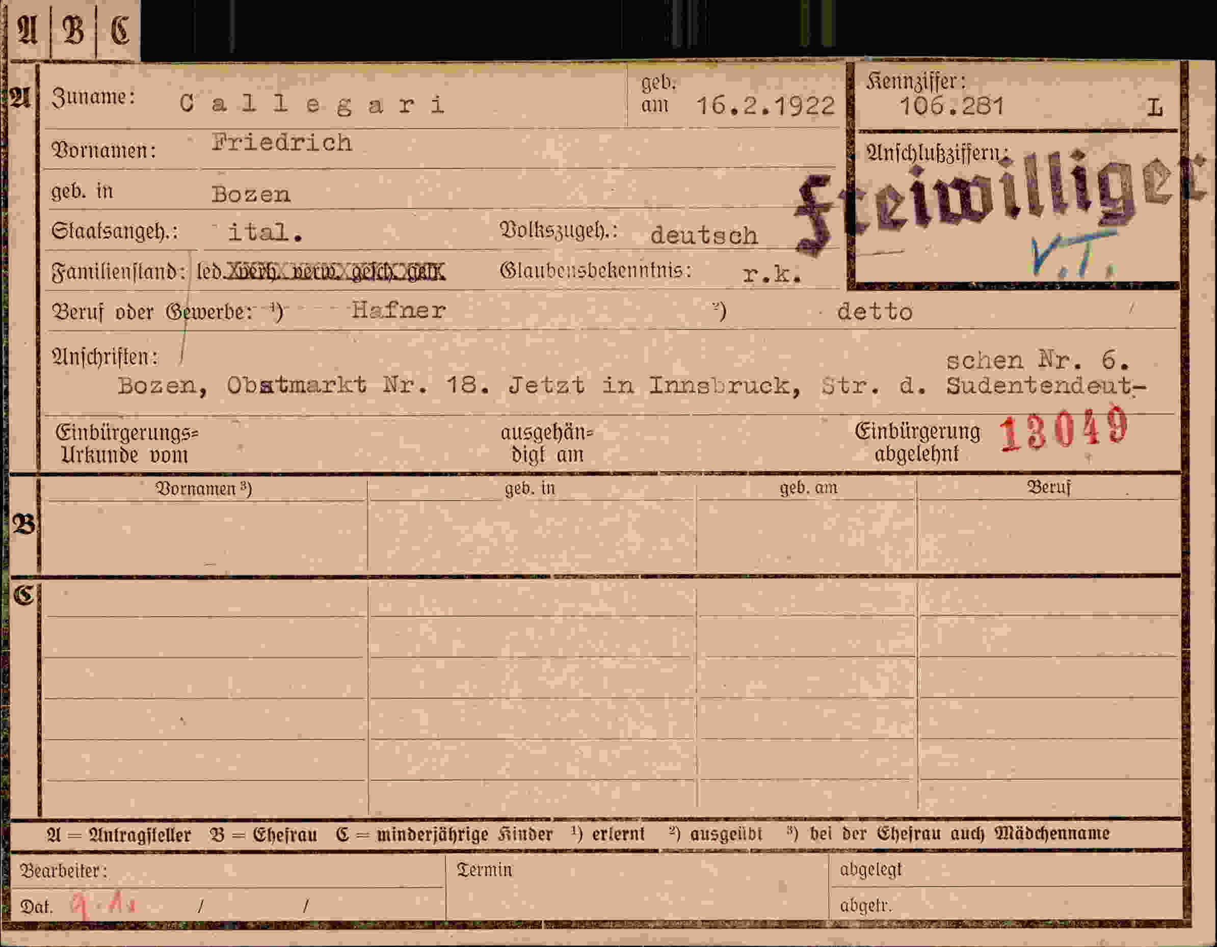 Dokument für Friedrich Callegari
