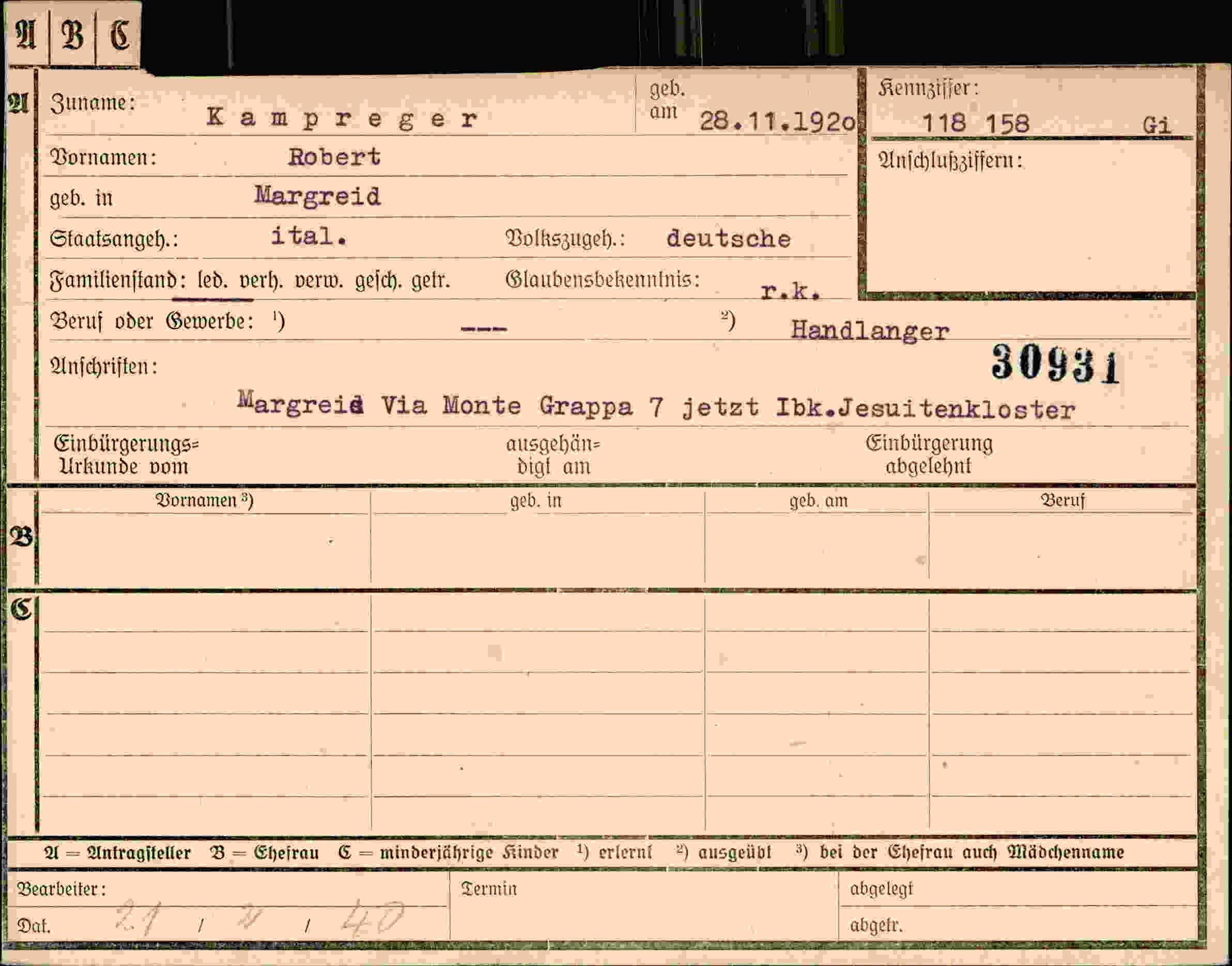 Dokument für Robert Kampreger