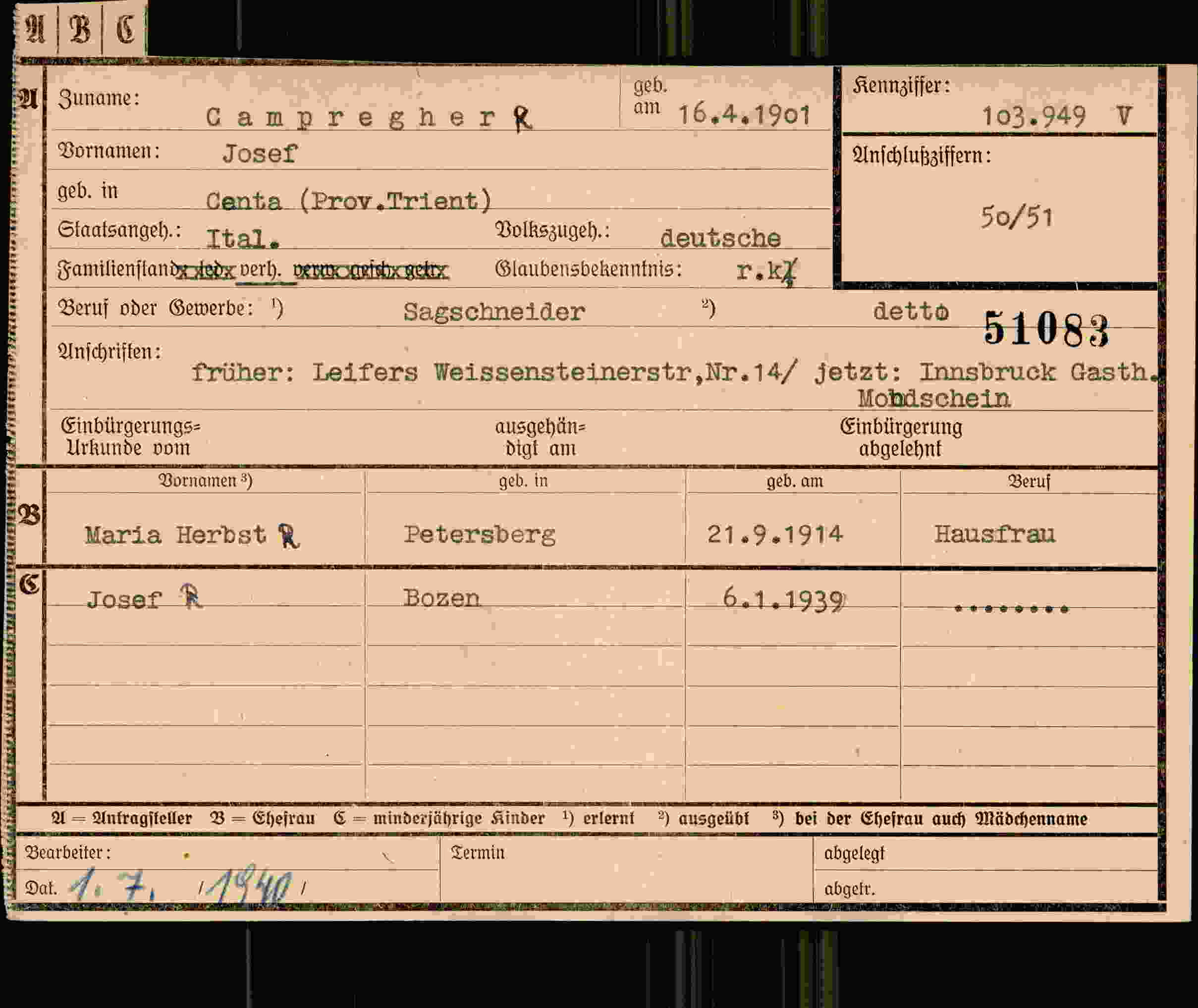 Dokument für Josef Campregher