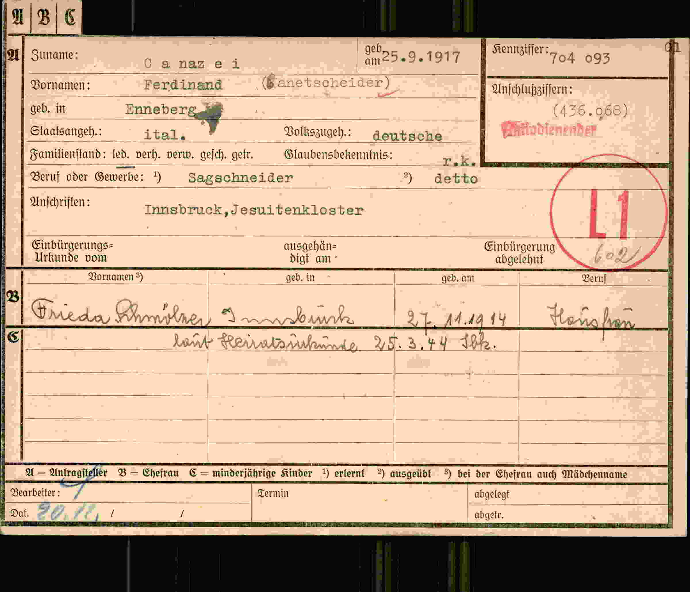 Dokument für Ferdinand Canazei