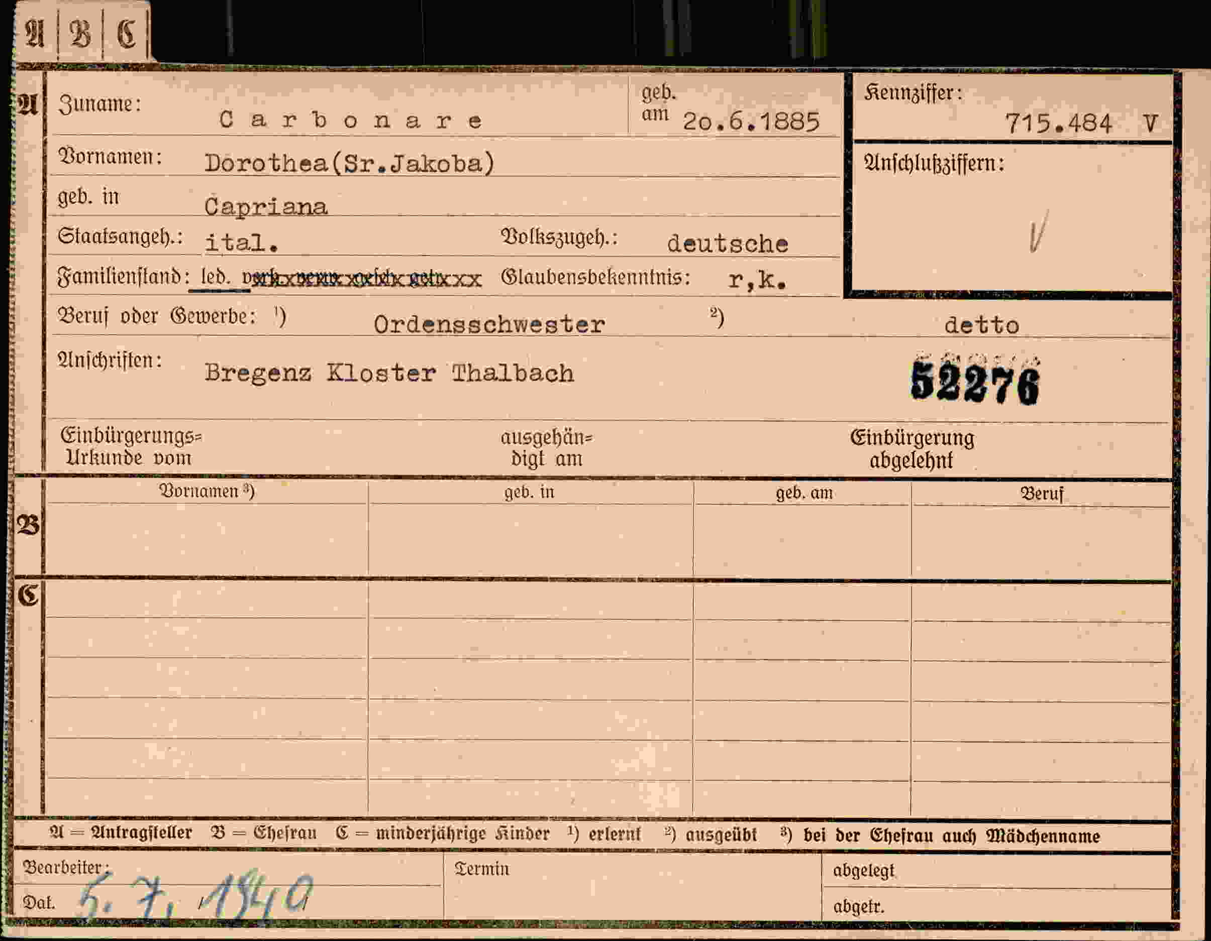 Dokument für Dorothea Carbonare