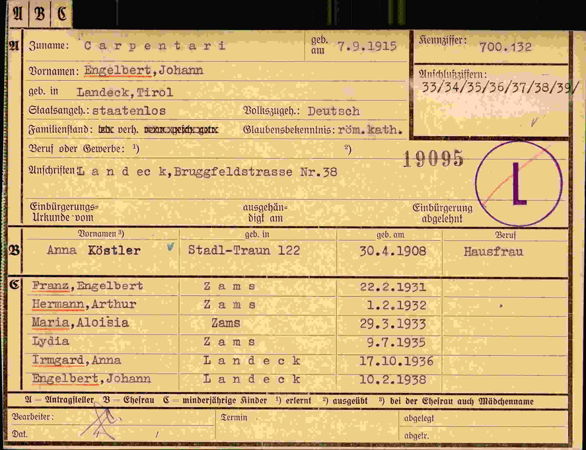 Dokument für Engelbert Johann Carpentari