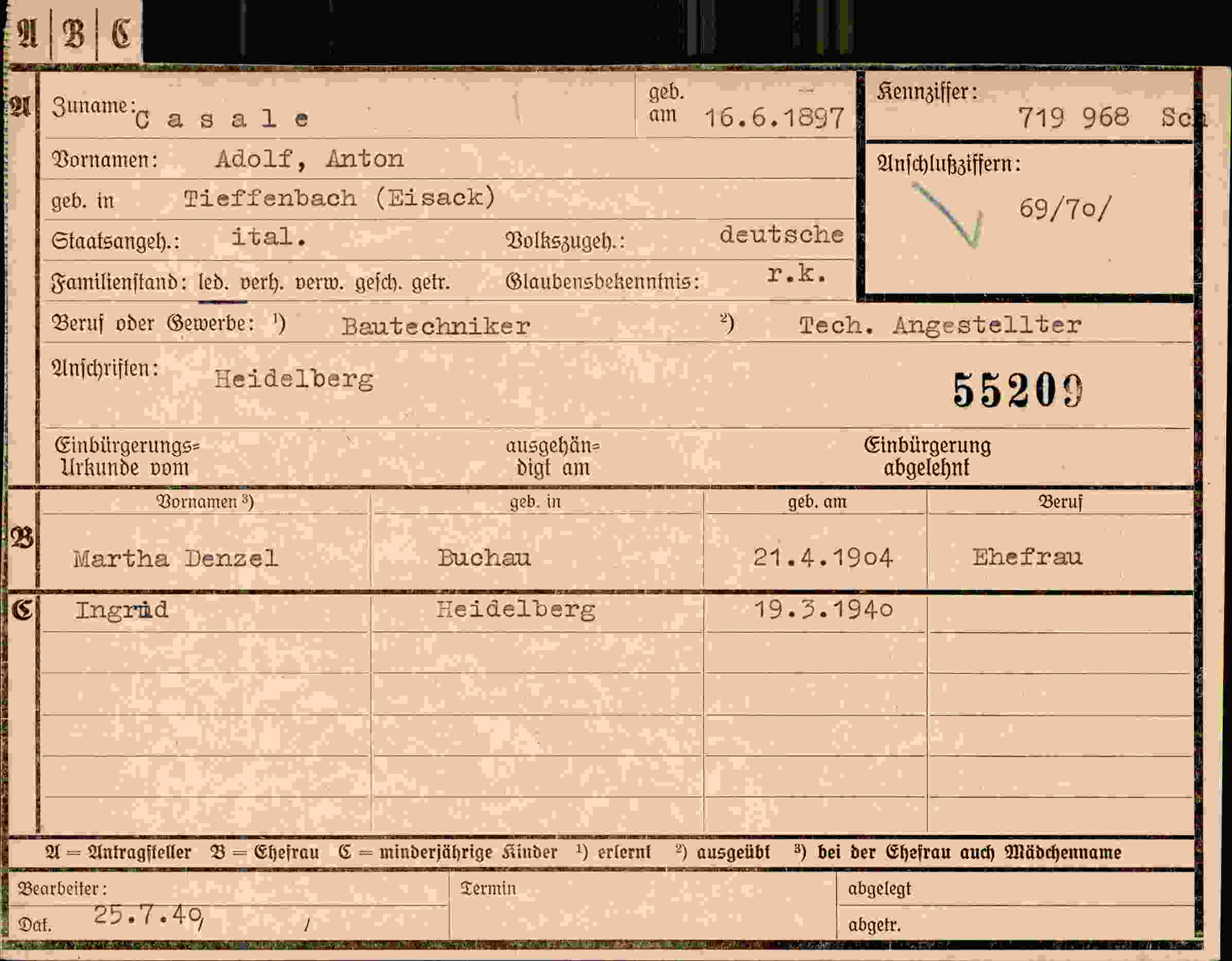 Dokument für Adolf Anton Casale