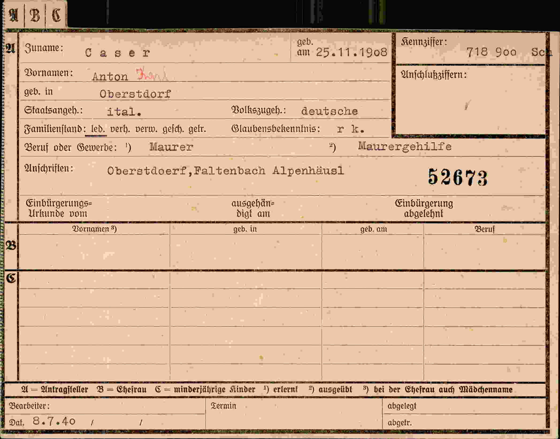 Dokument für Anton Caser