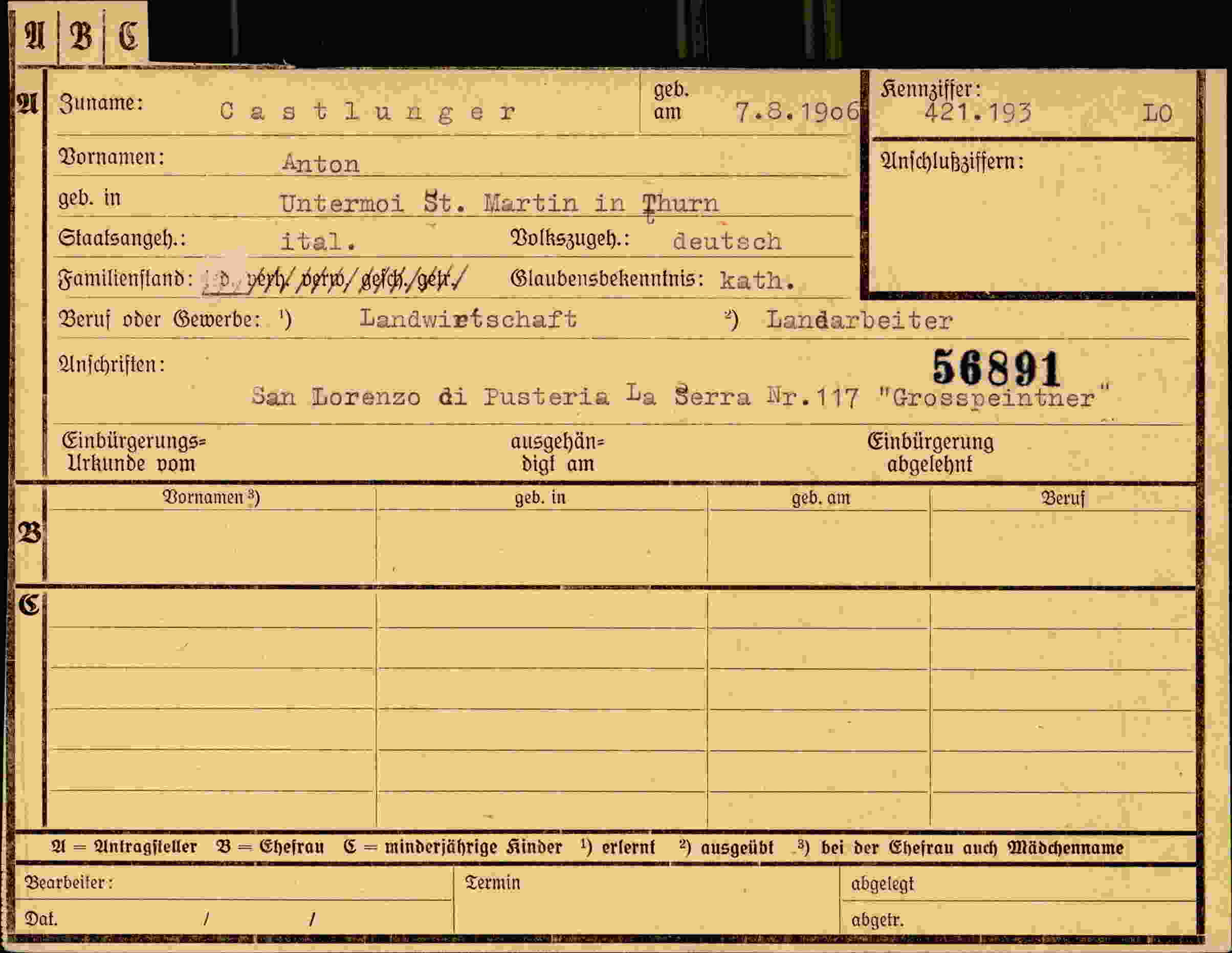 Dokument für Anton Castlunger