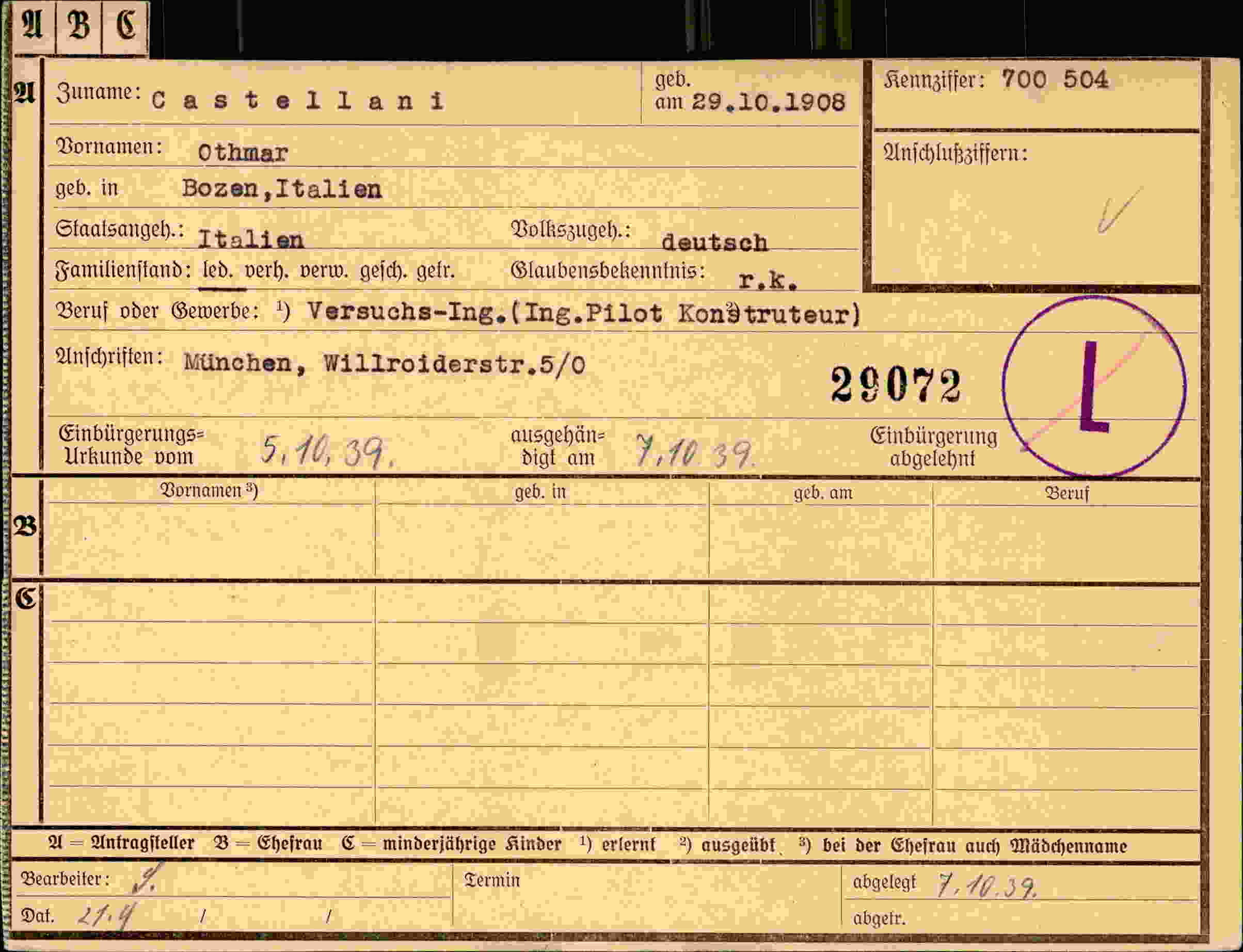 Dokument für Othmar Castellani