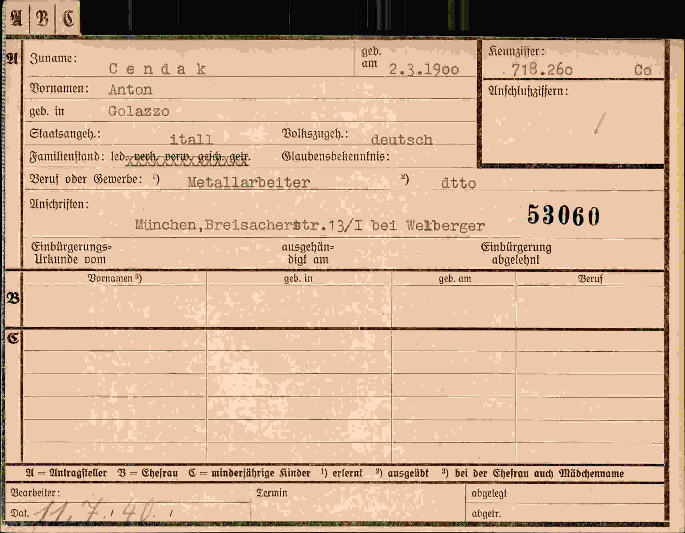 Dokument für Anton Cendak