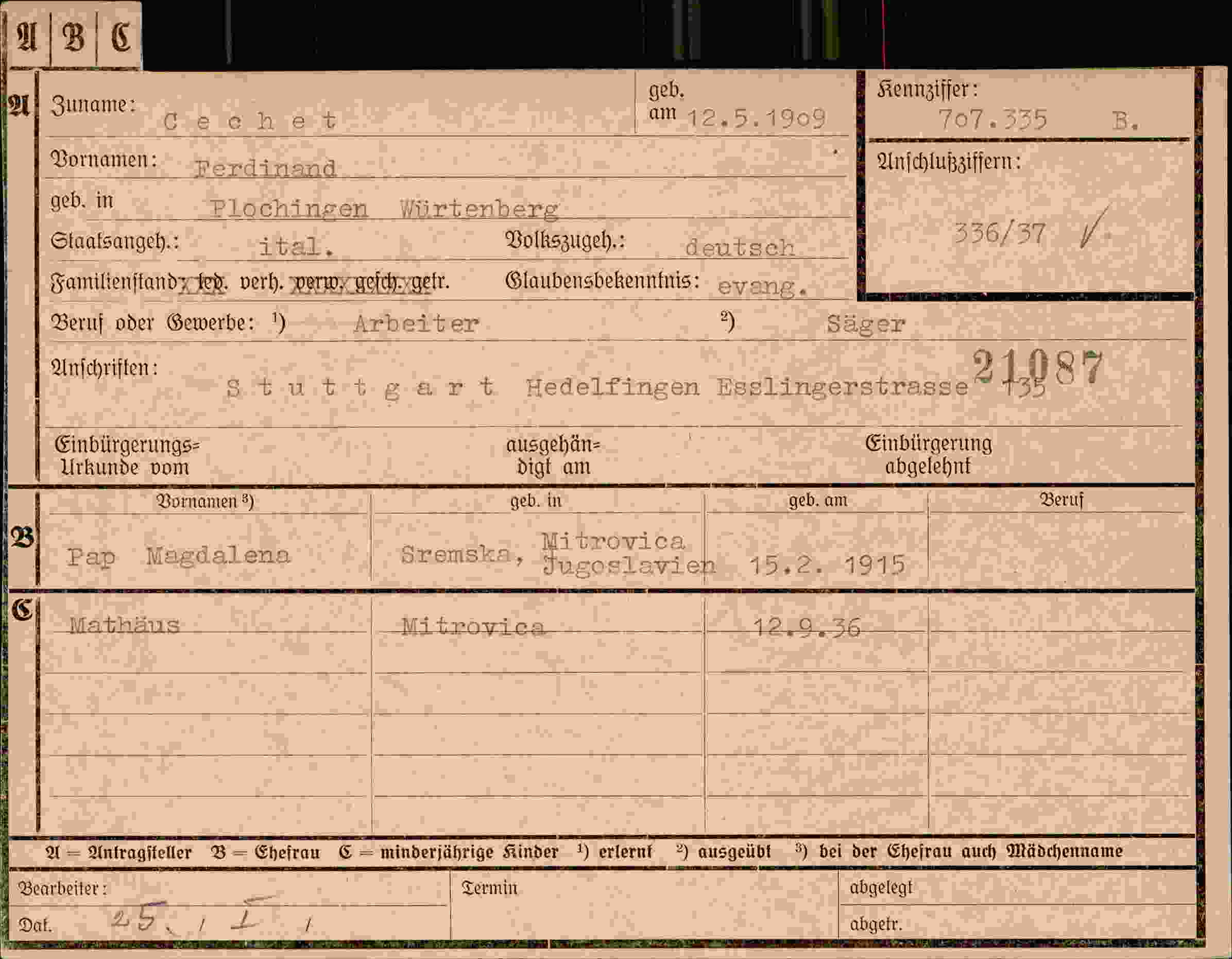 Dokument für Ferdinand Cechet
