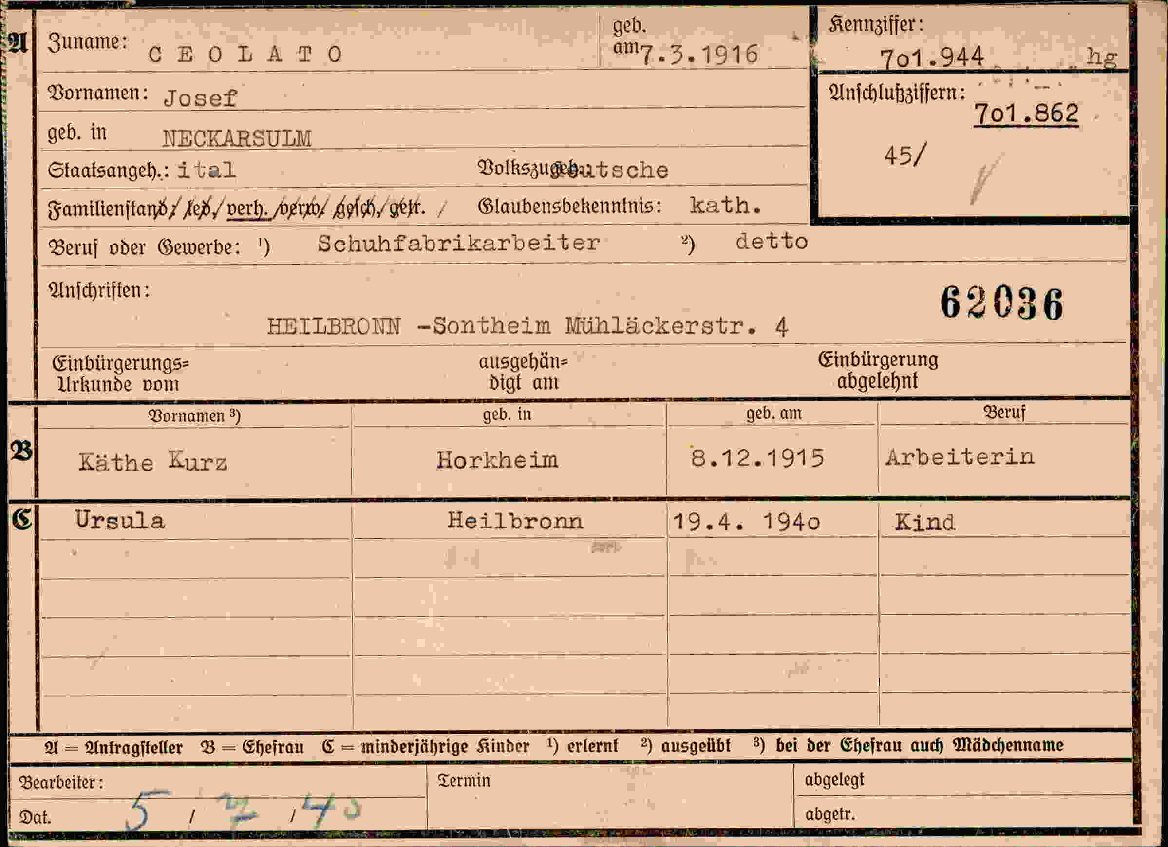 Dokument für Josef Ceolato