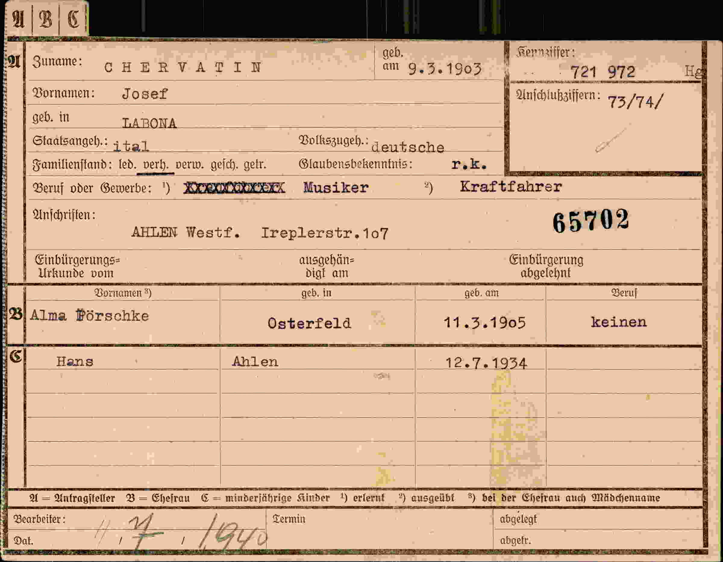 Dokument für Josef Chervatin