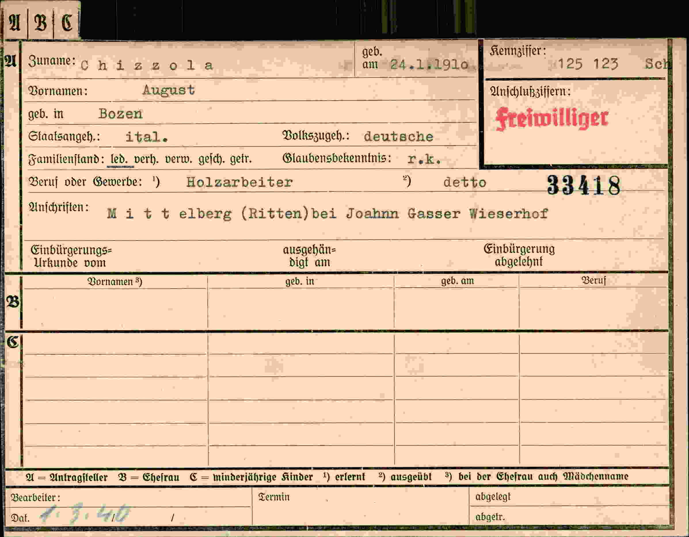 Dokument für August Chizzola