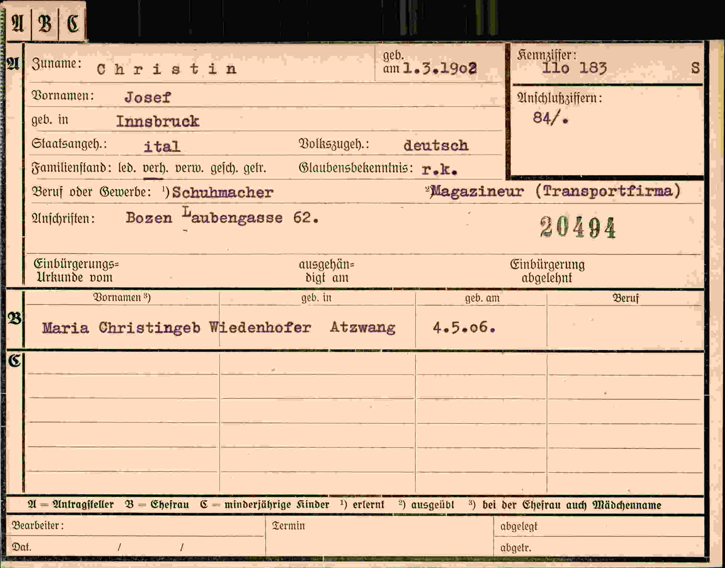 Dokument für Josef Christin