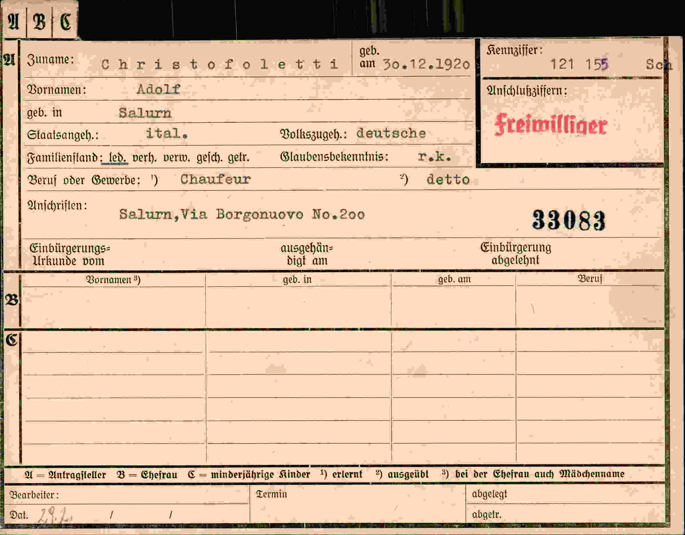 Dokument für Adolf Christofoletti
