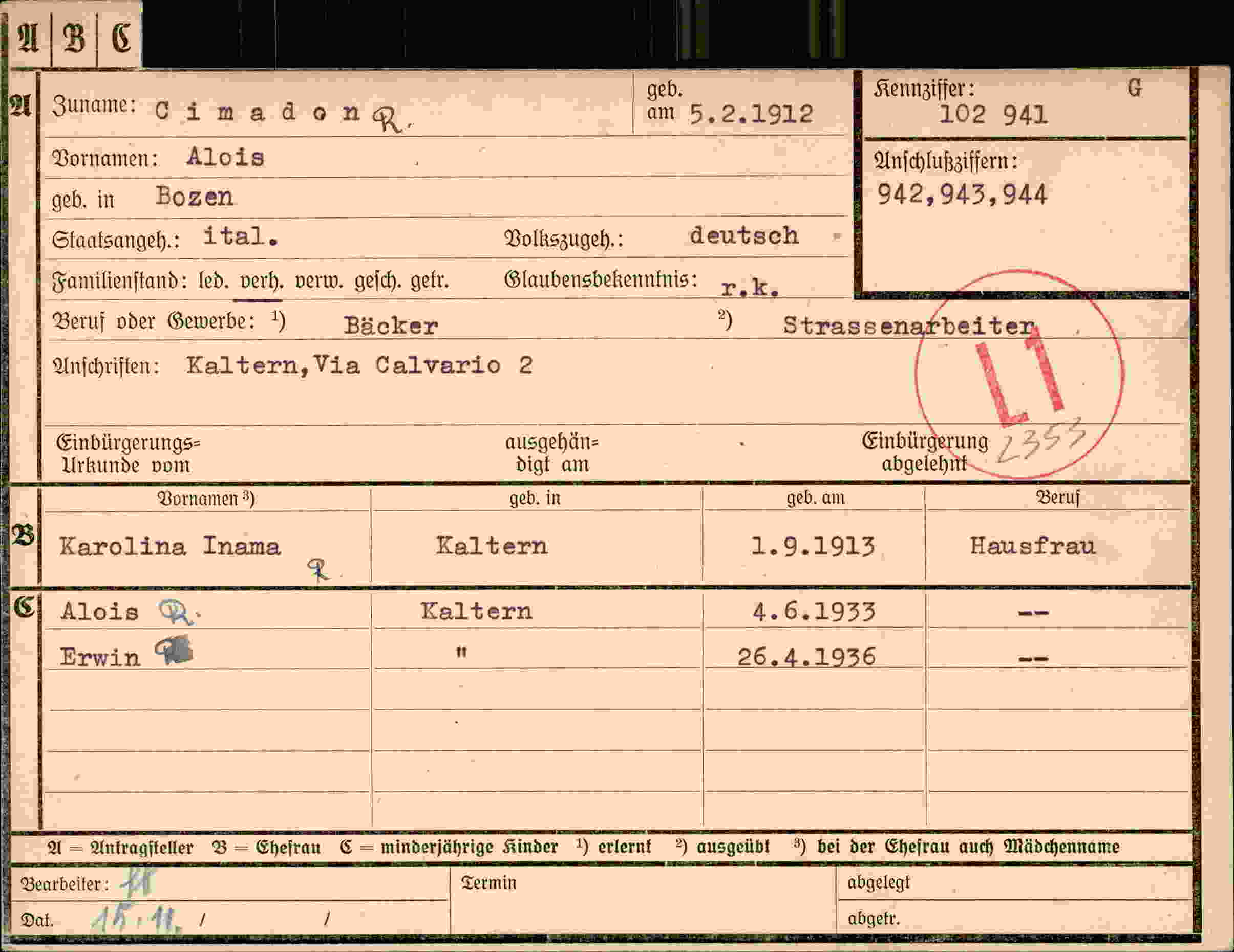 Dokument für Alois Cimadona