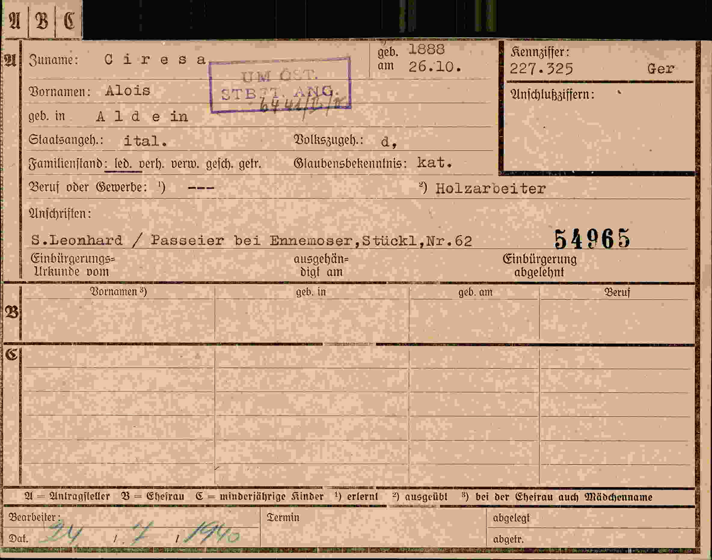 Dokument für Alois Ciresa